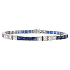 Art Deco Platinum Diamond and Blue Sapphire Tennis Bracelet 