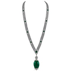 Art Deco Diamond Cabochon Emerald Platinum Sautoir Necklace