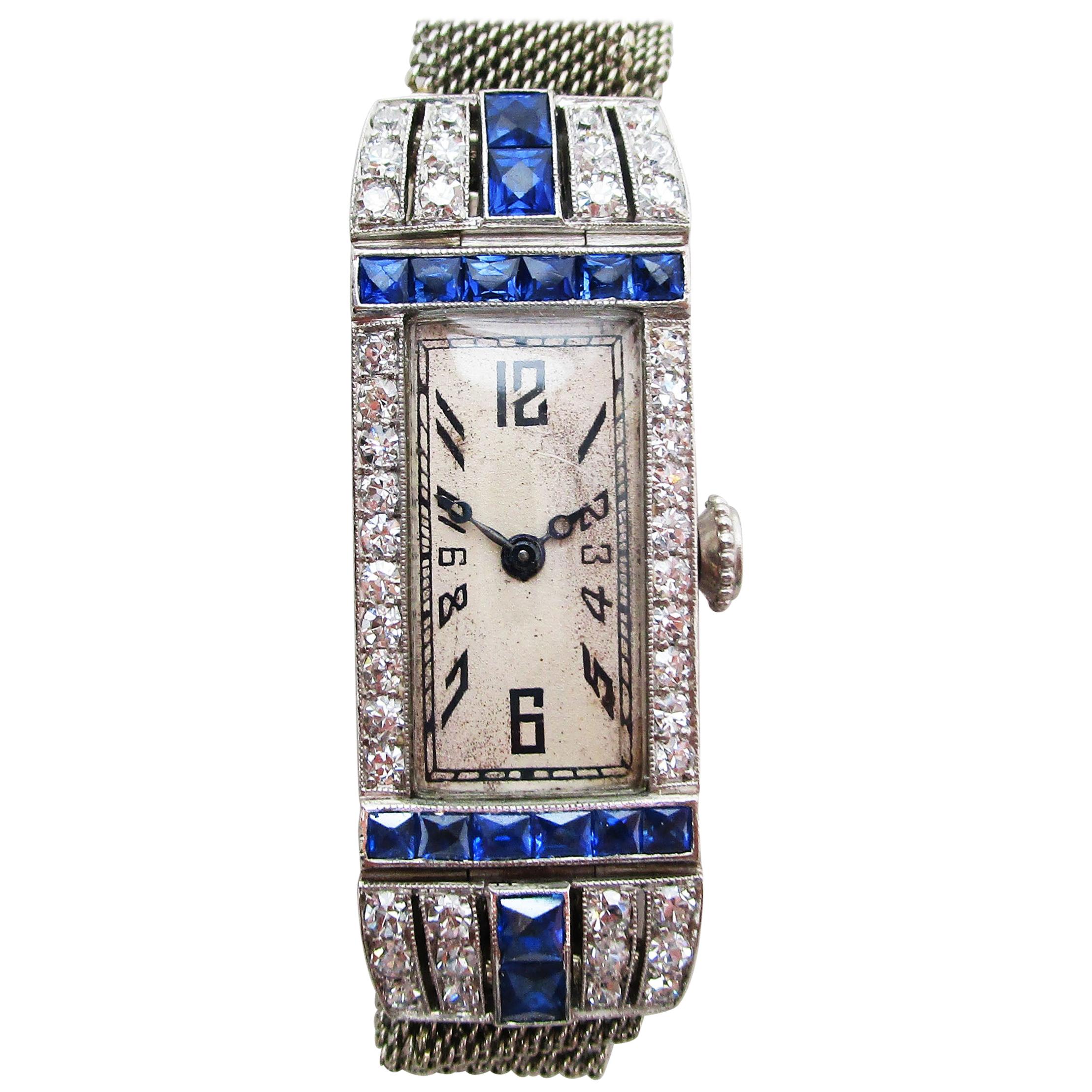 Art Deco Platinum Diamond and Calibre Sapphire Swiss Watch with 18 Karat Strap