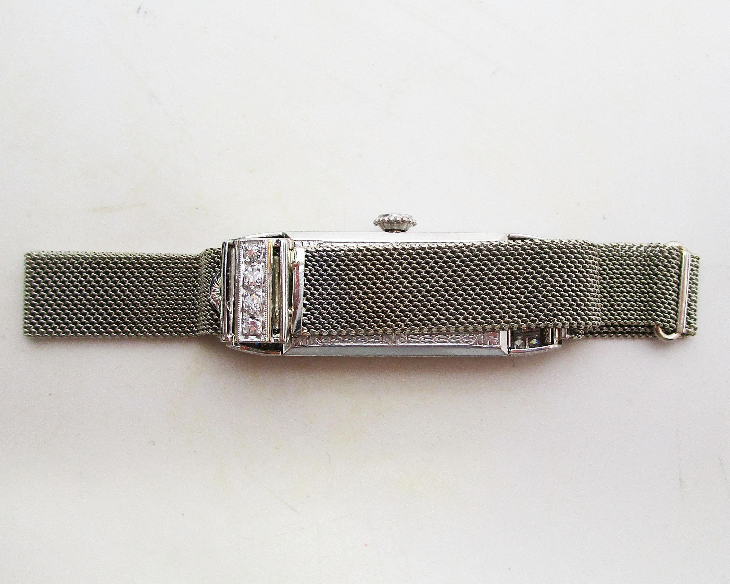 Art Deco Platinum Diamond and Calibre Sapphire Swiss Watch with 18 Karat Strap 7