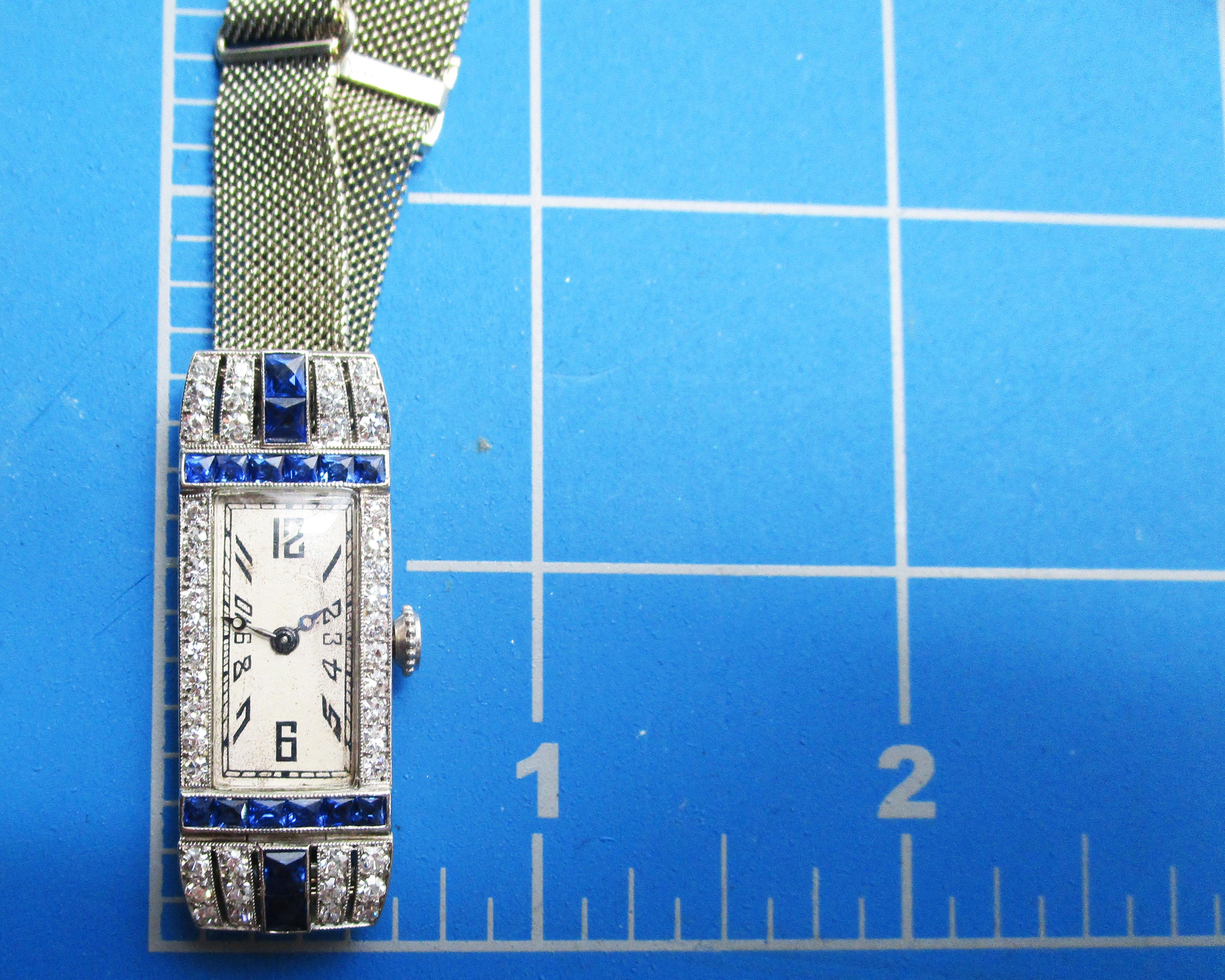 Art Deco Platinum Diamond and Calibre Sapphire Swiss Watch with 18 Karat Strap 10