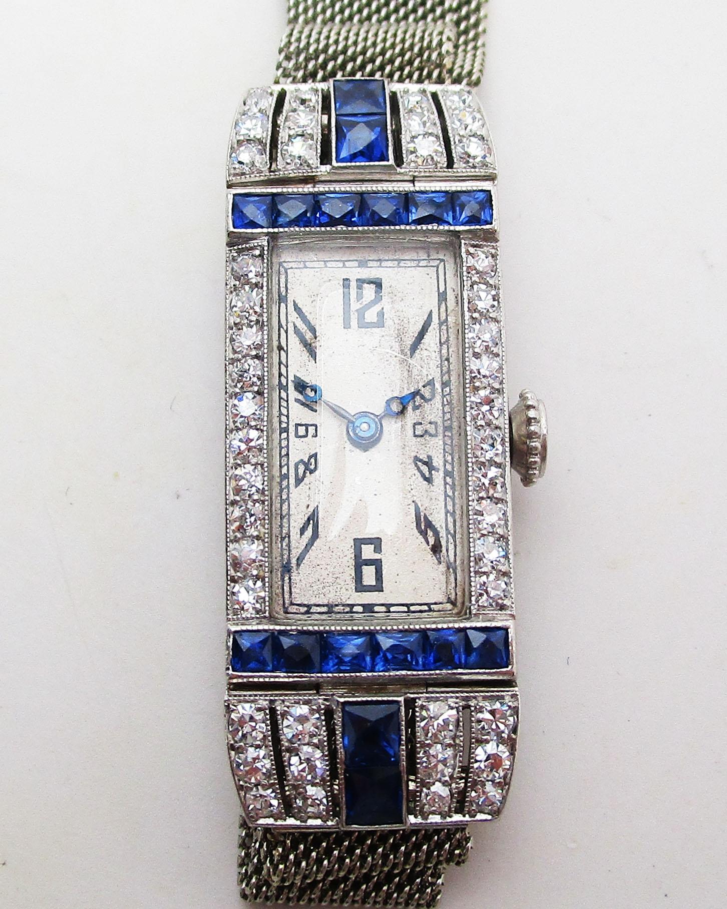 French Cut Art Deco Platinum Diamond and Calibre Sapphire Swiss Watch with 18 Karat Strap