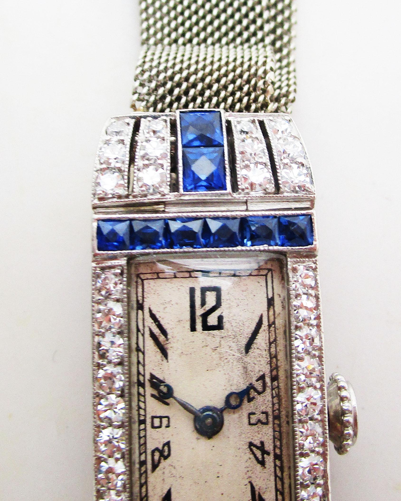 Art Deco Platinum Diamond and Calibre Sapphire Swiss Watch with 18 Karat Strap In Excellent Condition In Lexington, KY