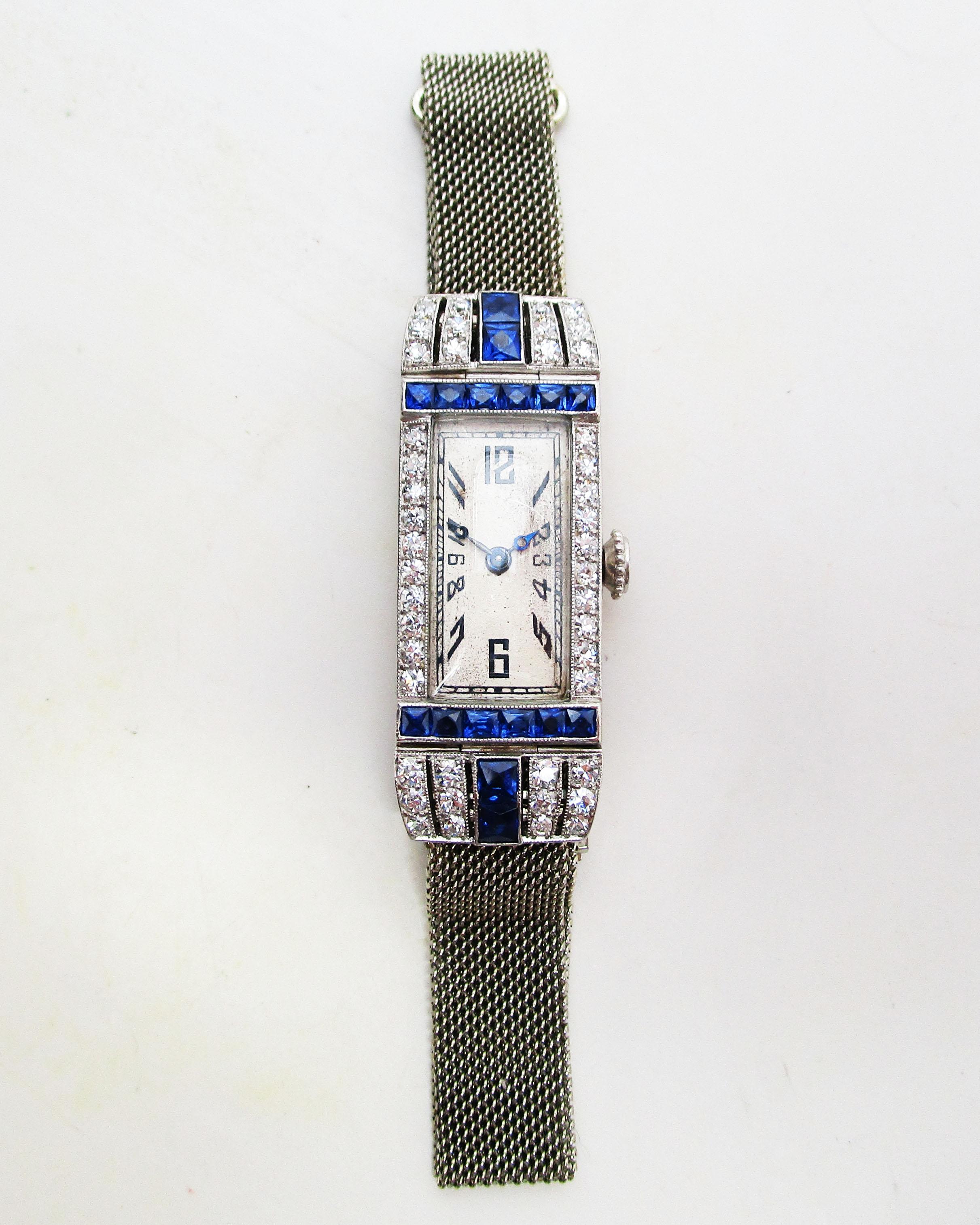 Women's Art Deco Platinum Diamond and Calibre Sapphire Swiss Watch with 18 Karat Strap