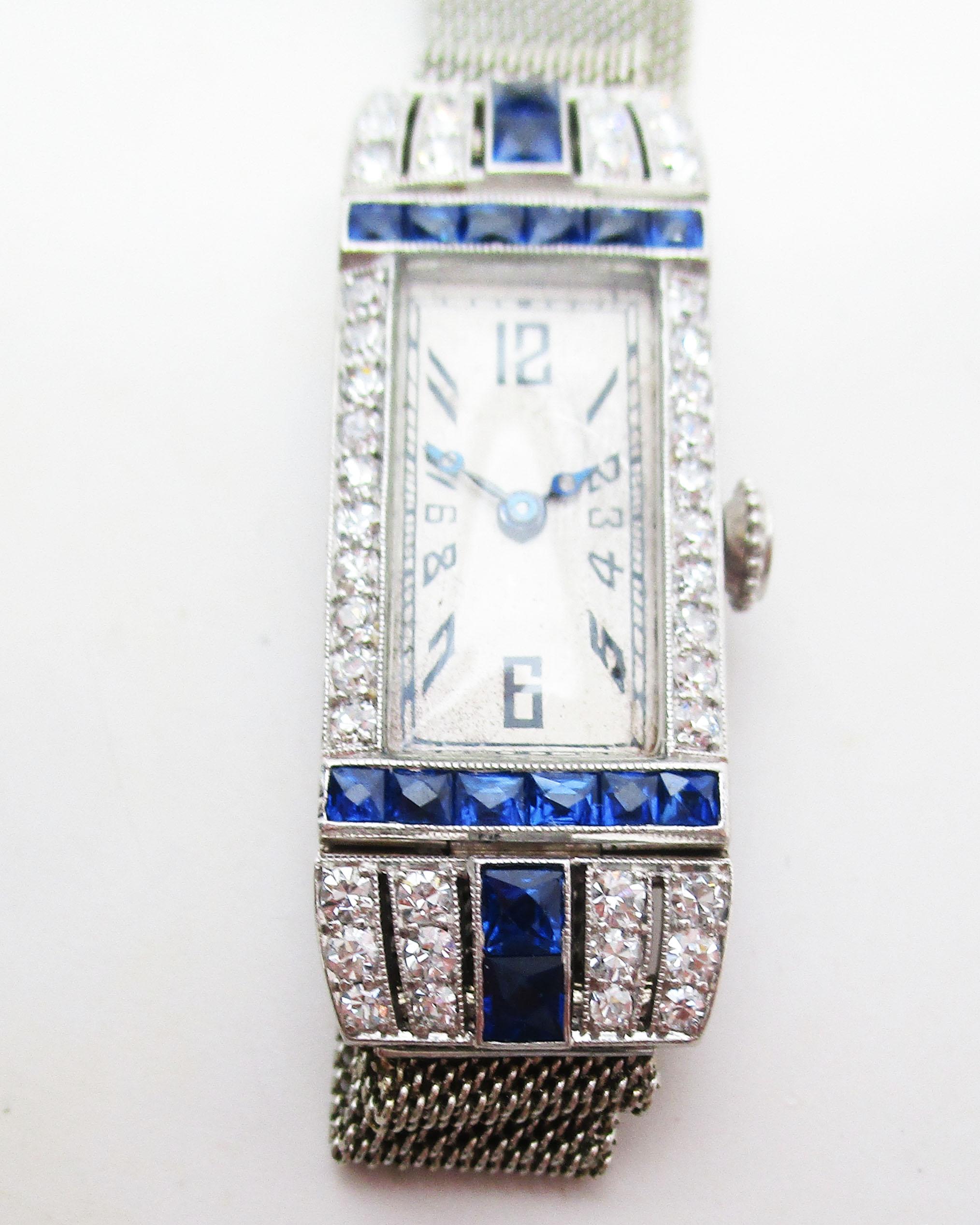 Art Deco Platinum Diamond and Calibre Sapphire Swiss Watch with 18 Karat Strap 1