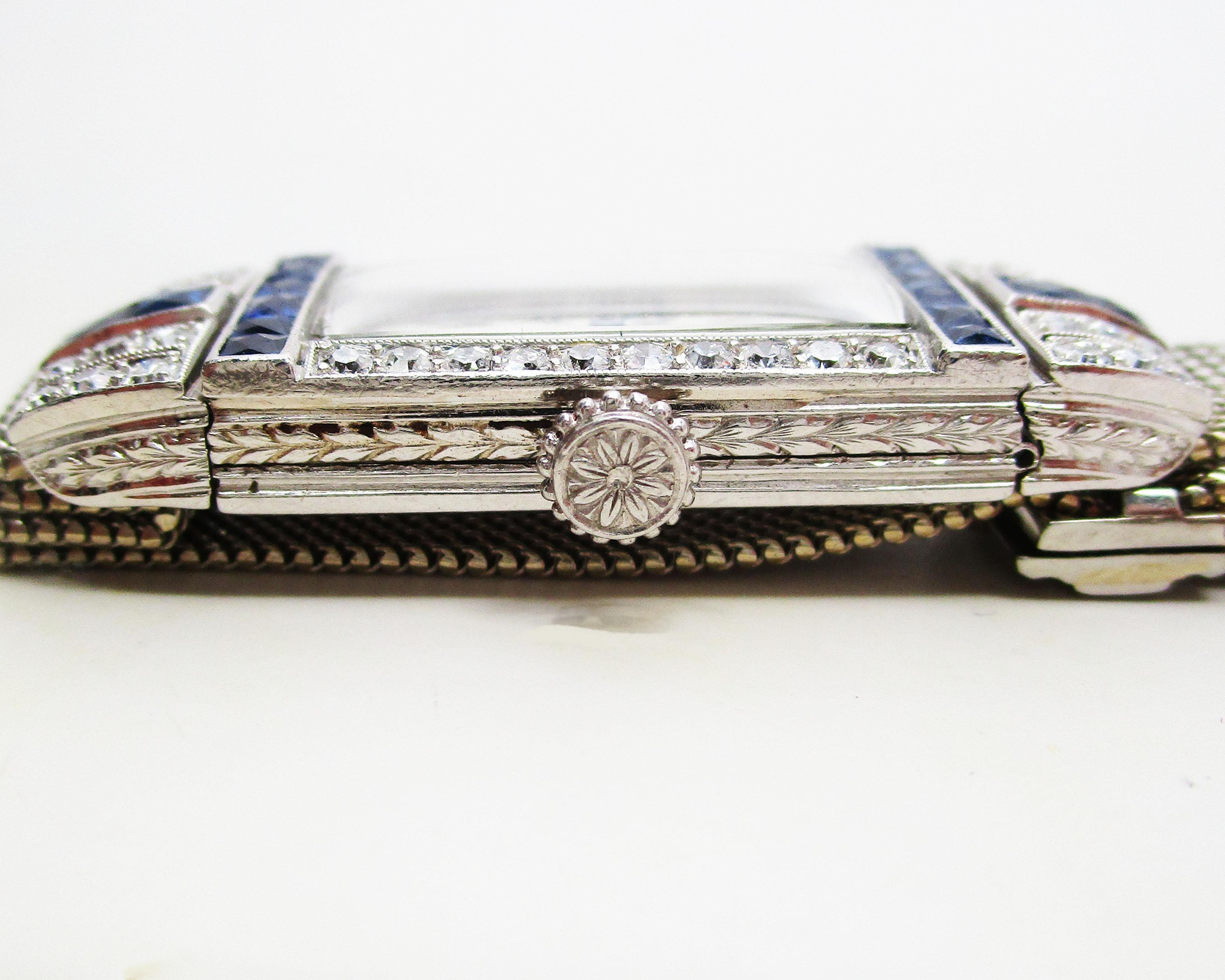 Art Deco Platinum Diamond and Calibre Sapphire Swiss Watch with 18 Karat Strap 2