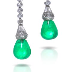 Art Deco Platinum Diamond and Colombian Emerald Drop Earrings