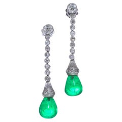 Antique Art Deco Platinum Diamond and Colombian Emerald Drop Earrings