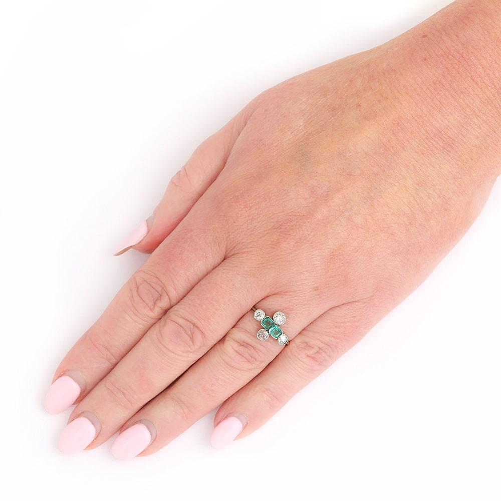 Art Deco Platinum Diamond and Emerald 6-Stone Antique Engagement Ring circa 1920 7