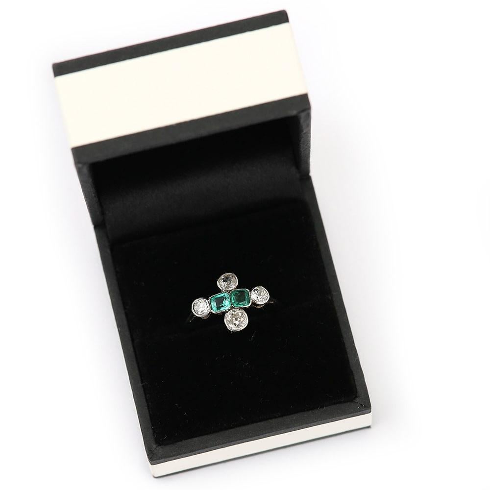 Art Deco Platinum Diamond and Emerald 6-Stone Antique Engagement Ring circa 1920 9
