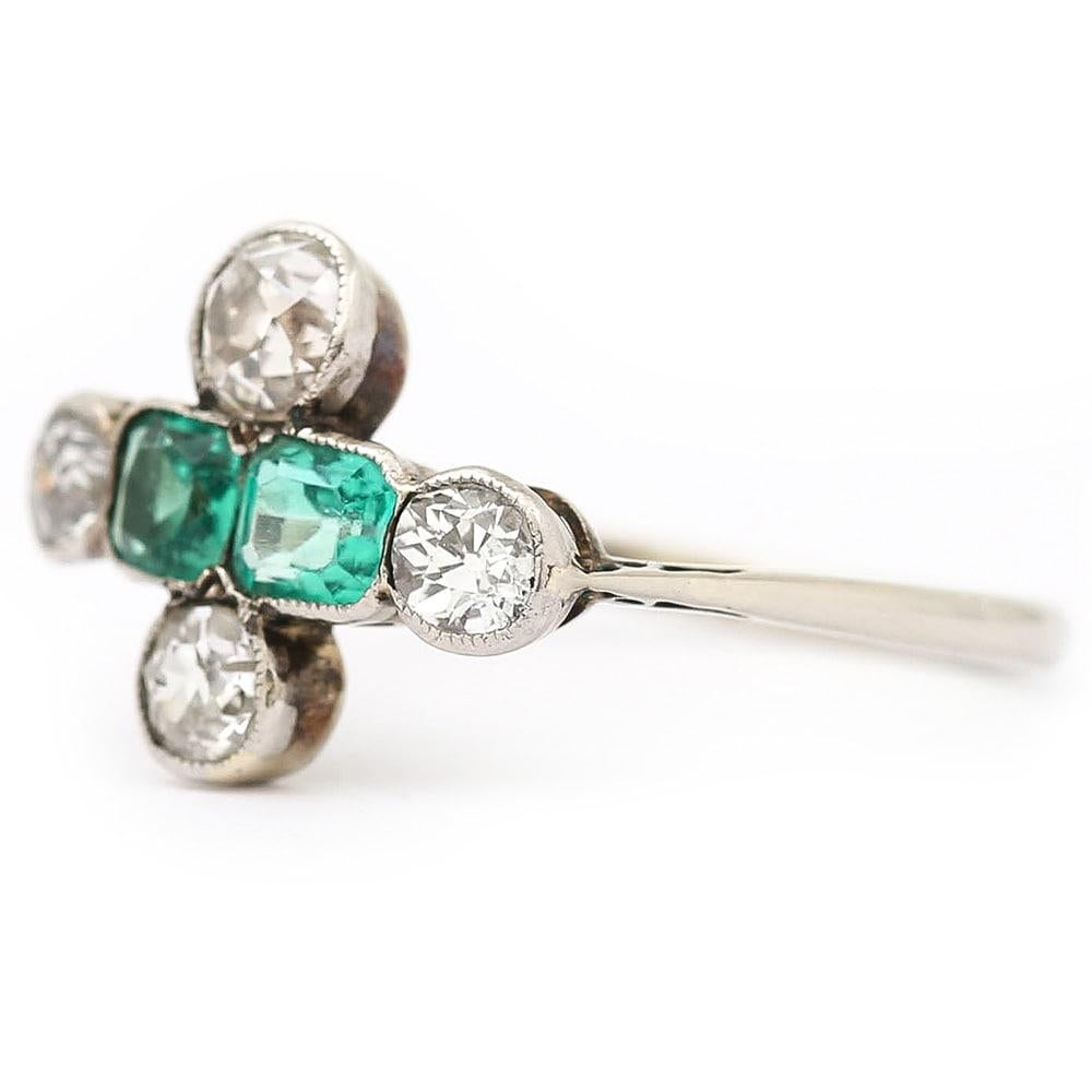 Old Mine Cut Art Deco Platinum Diamond and Emerald 6-Stone Antique Engagement Ring circa 1920