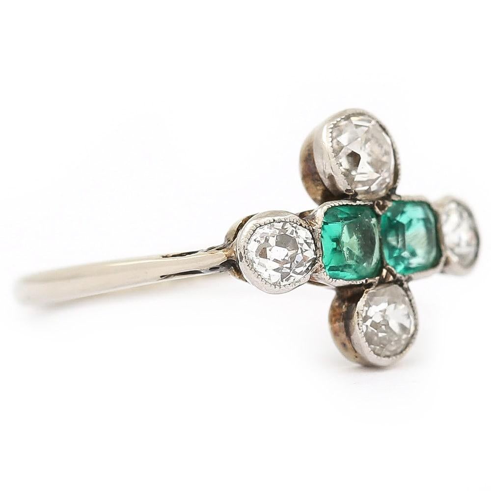 Women's Art Deco Platinum Diamond and Emerald 6-Stone Antique Engagement Ring circa 1920