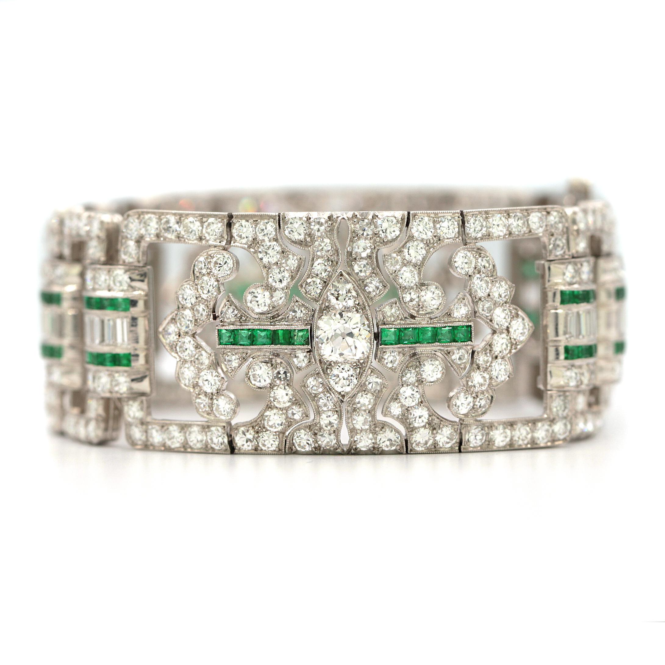 Baguette Cut Art Deco Platinum, Diamond and Emerald Bracelet For Sale