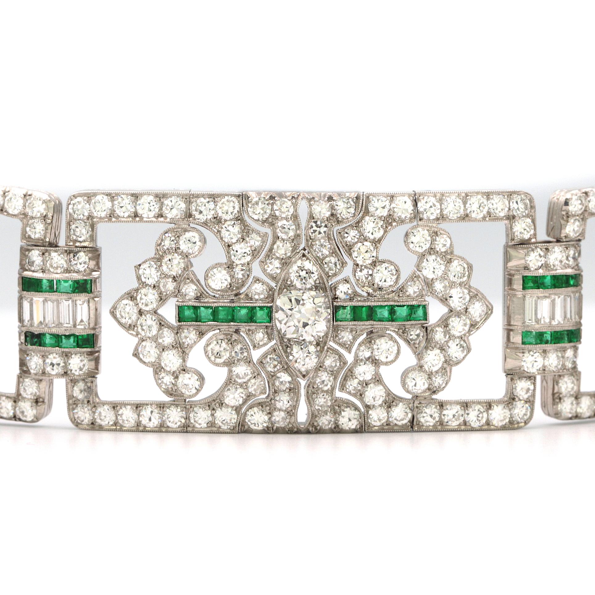Women's or Men's Art Deco Platinum, Diamond and Emerald Bracelet For Sale