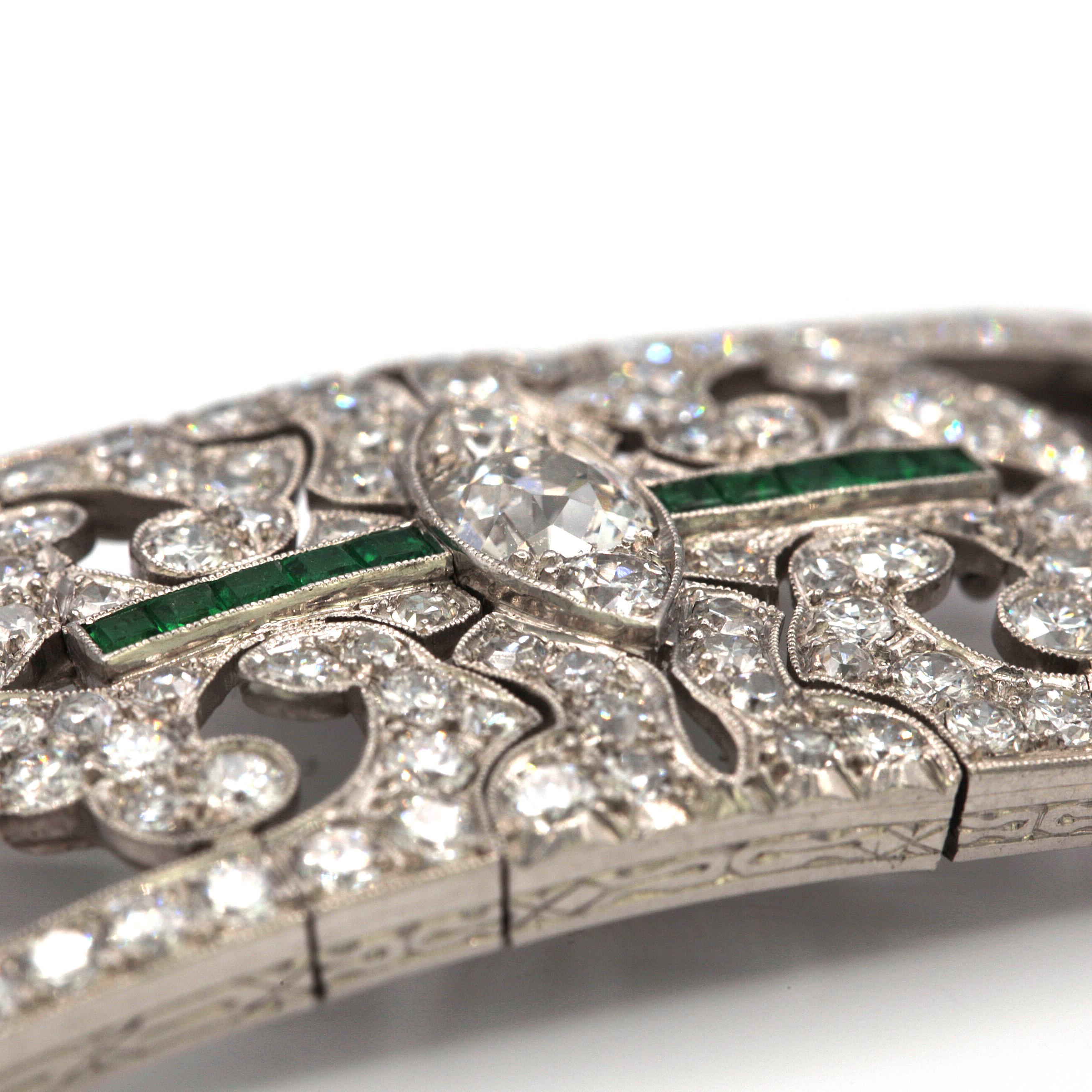 Art Deco Platinum, Diamond and Emerald Bracelet For Sale 1