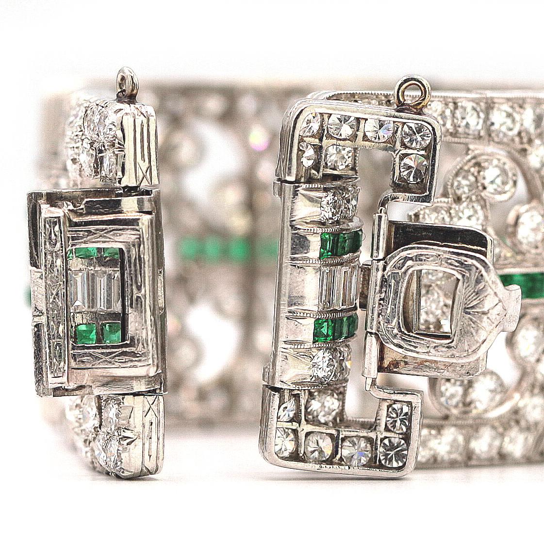 Art Deco Platinum, Diamond and Emerald Bracelet For Sale 3