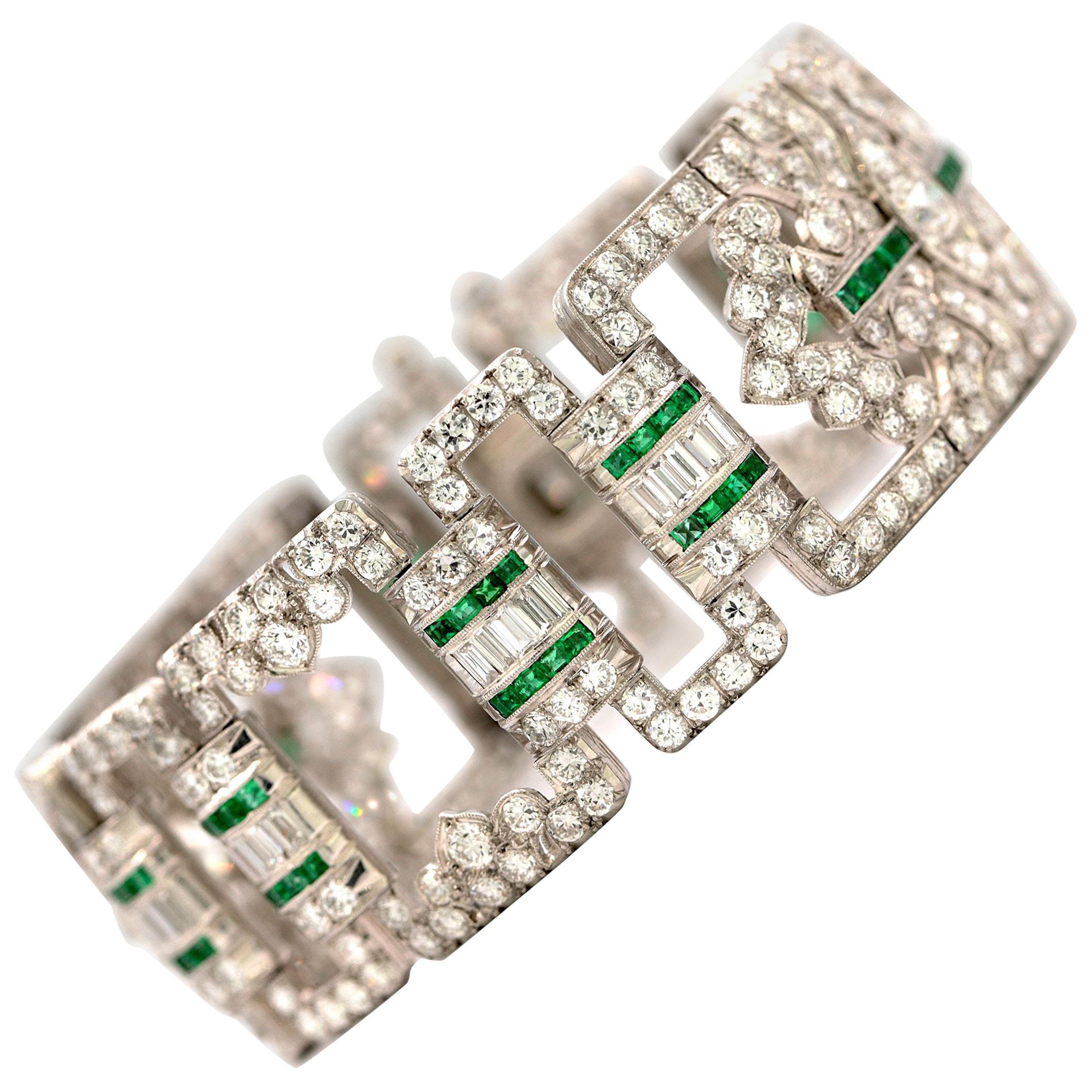 Art Deco Platinum, Diamond and Emerald Bracelet For Sale