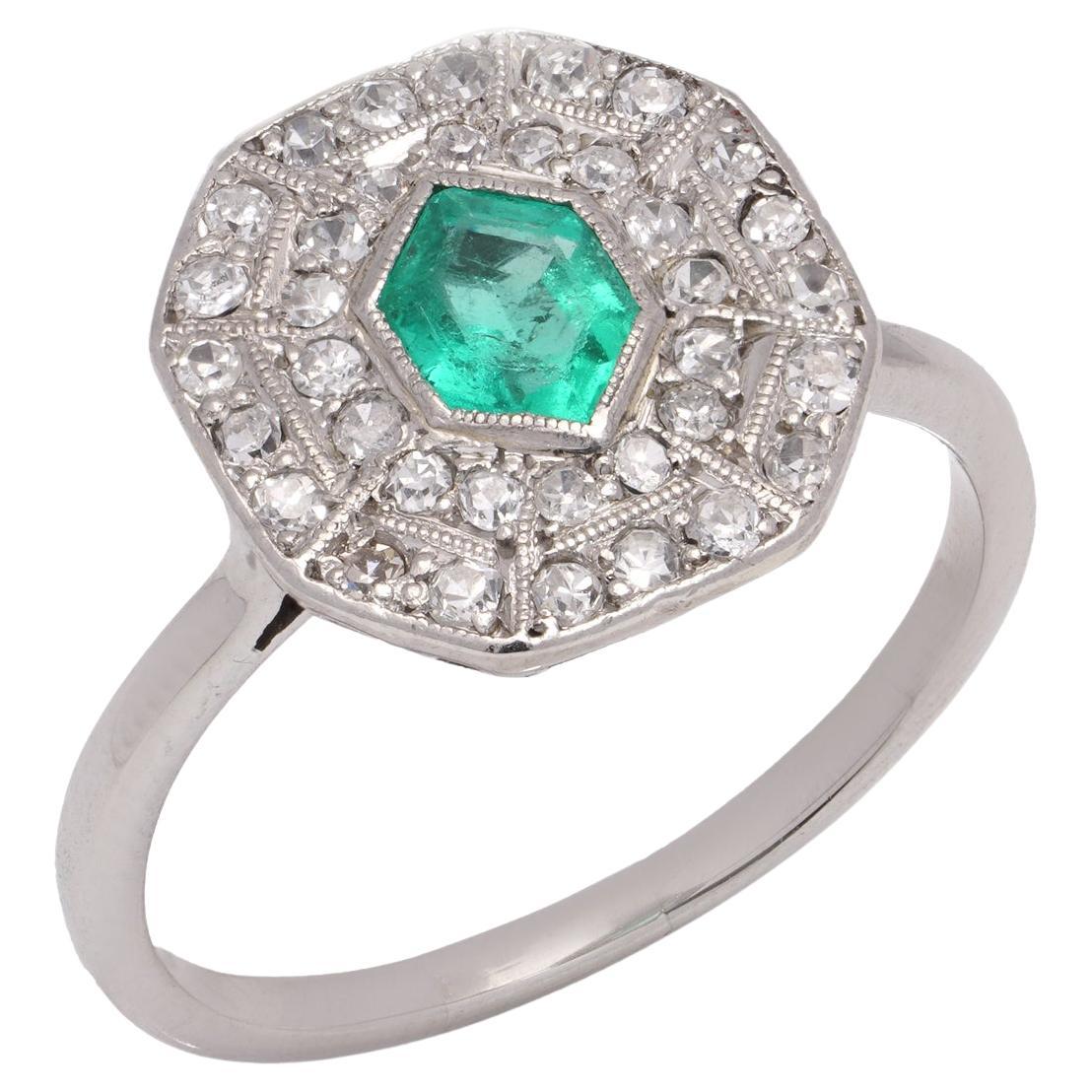 Art Deco Platinum diamond and emerald cluster ring
