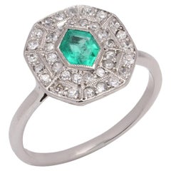 Art Deco Platinum diamond and emerald cluster ring
