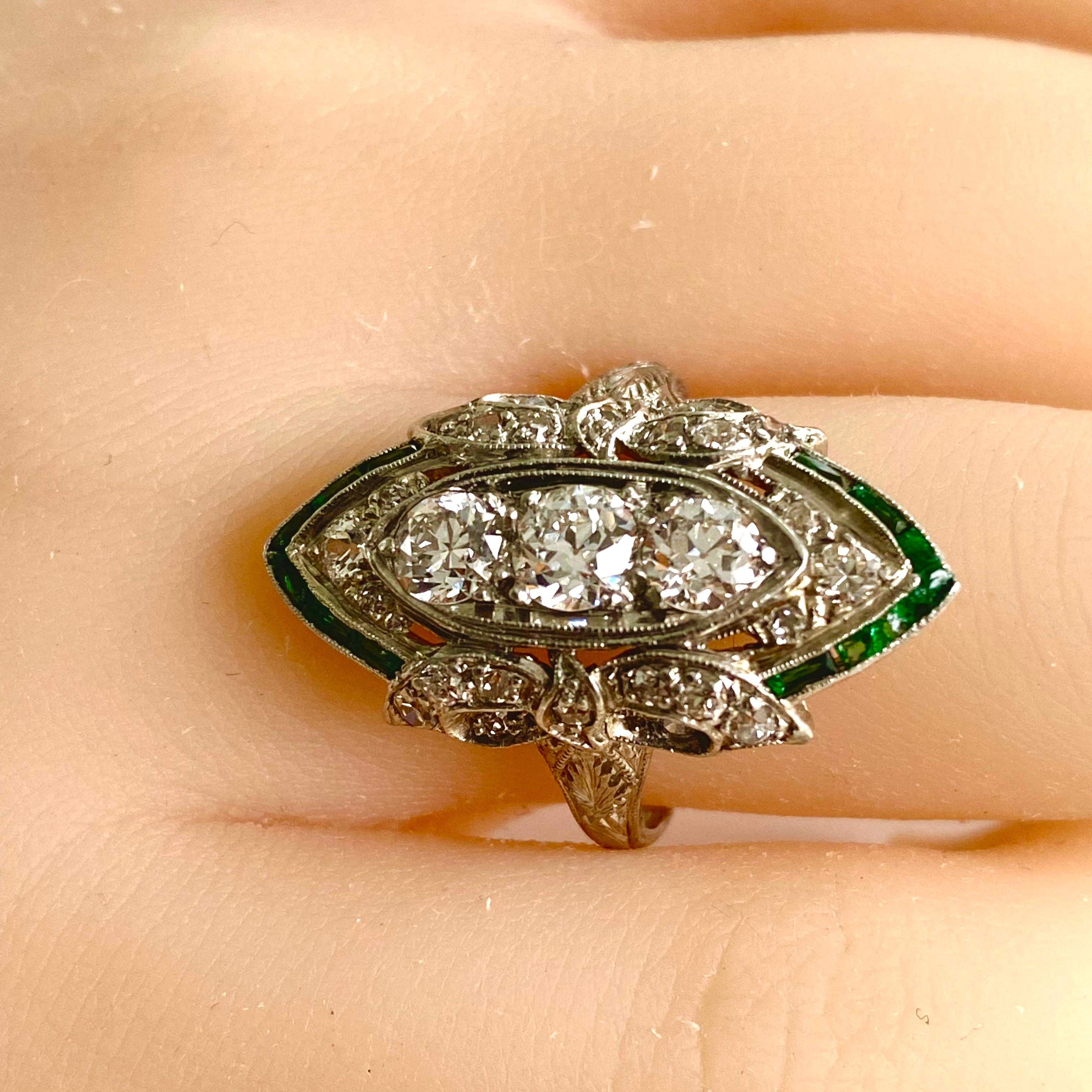 Art Deco Platinum Diamond and Emerald Cocktail Cluster Ring 6