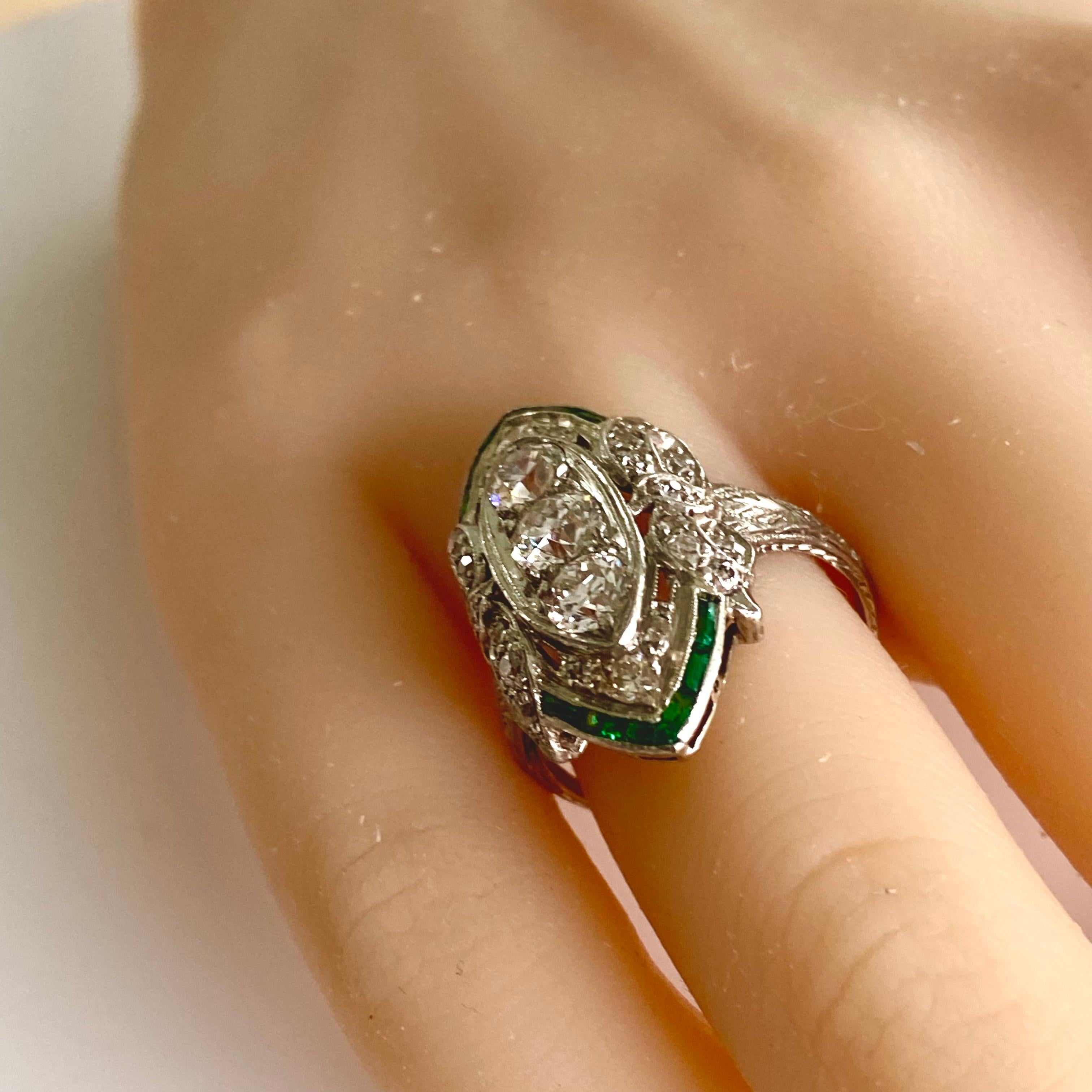 Art Deco Platinum Diamond and Emerald Cocktail Cluster Ring 7