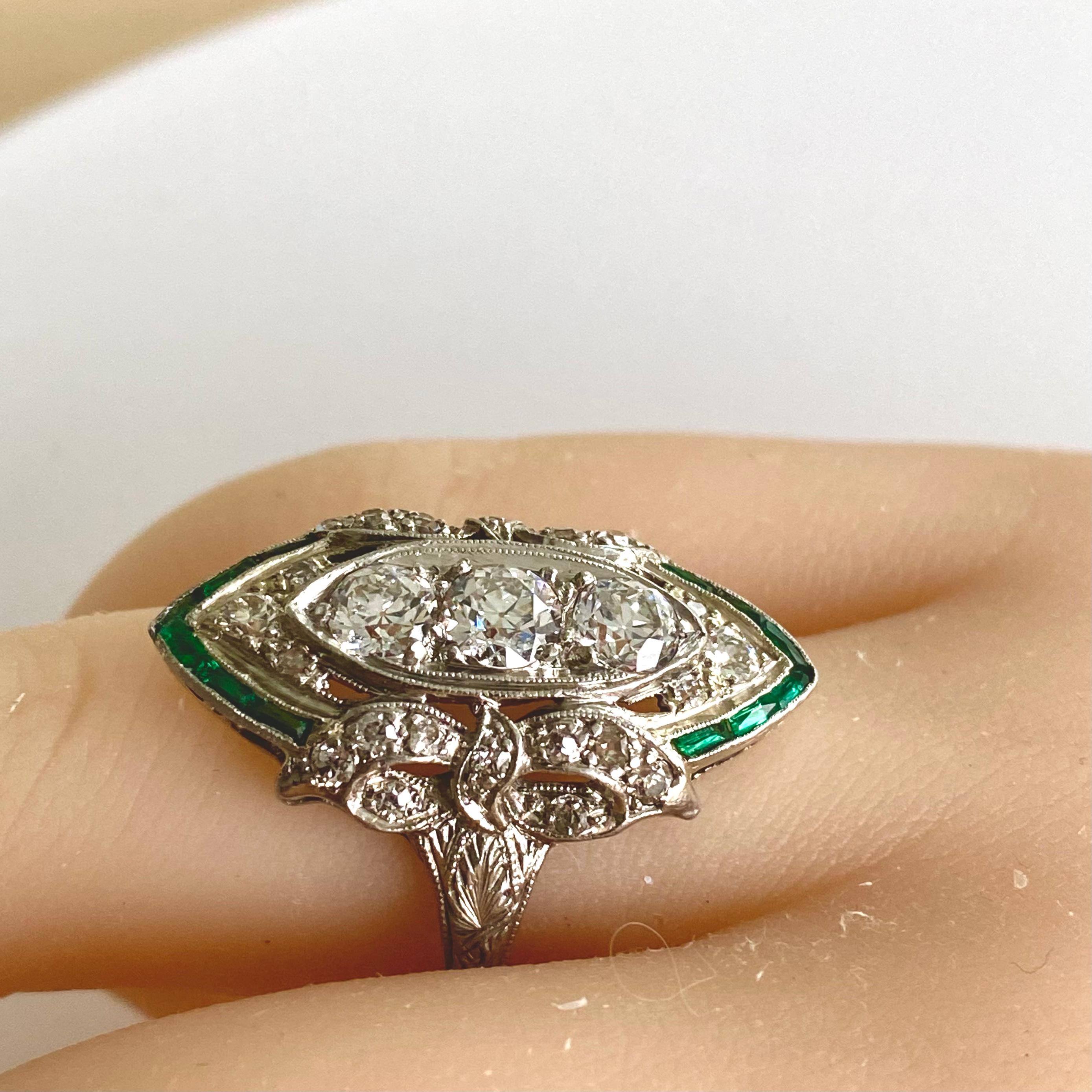Old European Cut Art Deco Platinum Diamond and Emerald Cocktail Cluster Ring