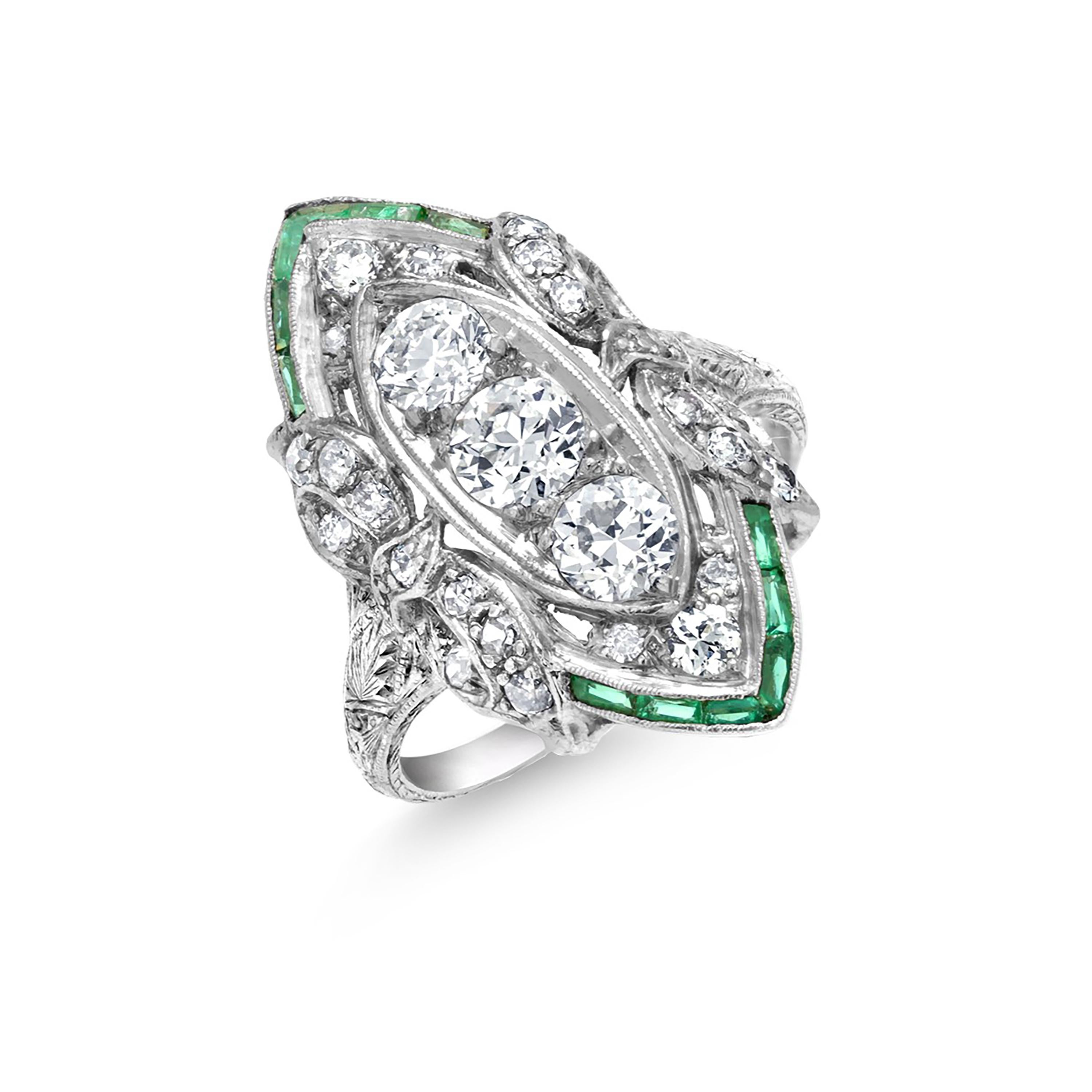 Women's Art Deco Platinum Diamond and Emerald Cocktail Cluster Ring