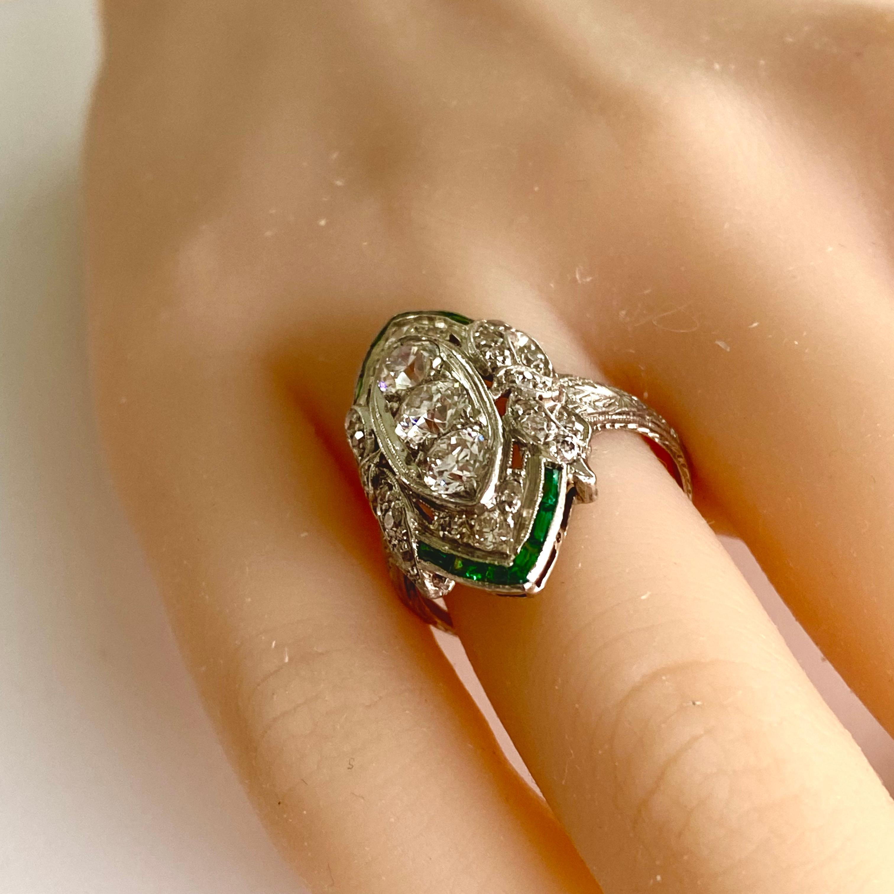 Art Deco Platinum Diamond and Emerald Cocktail Cluster Ring 1