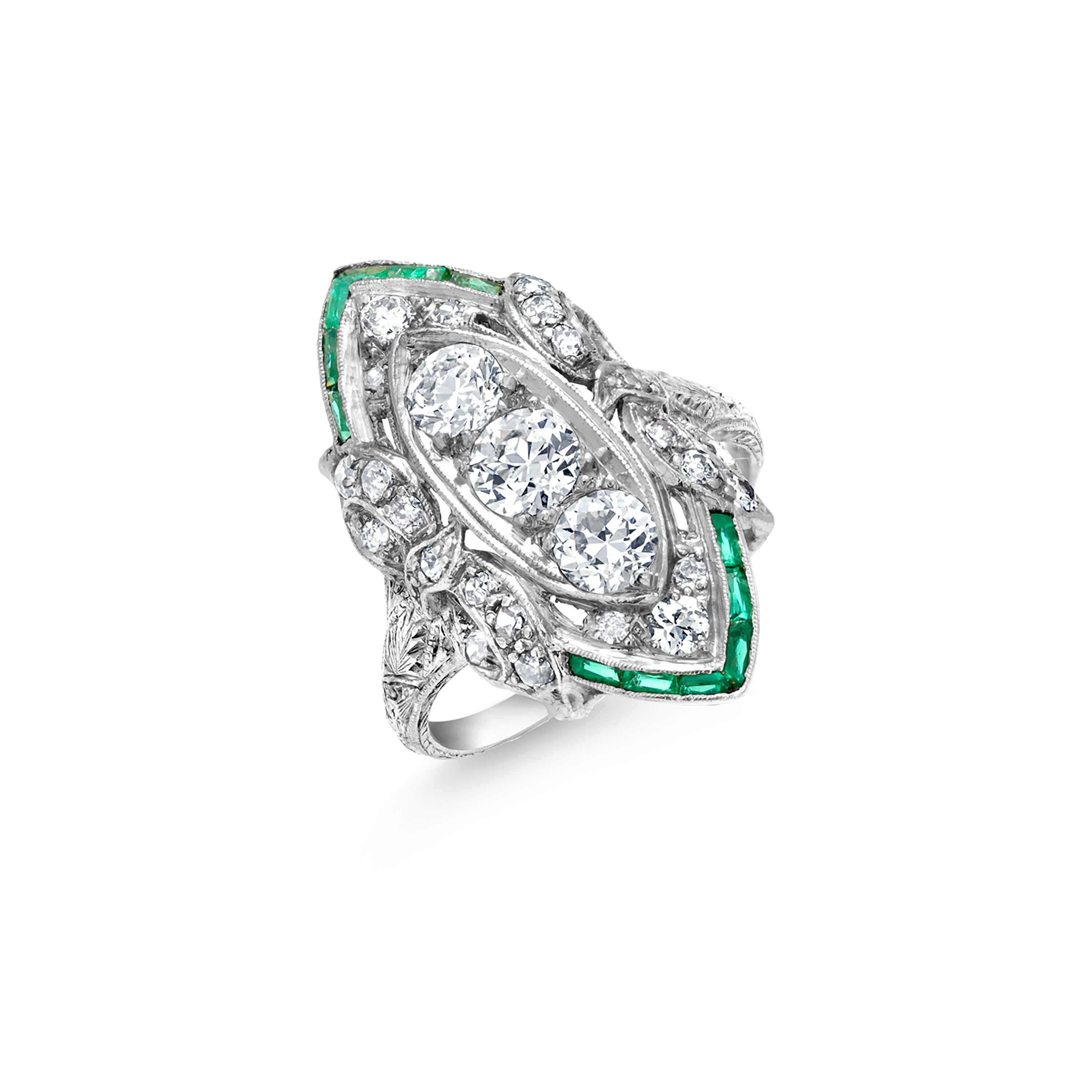 Art Deco Platinum Diamond and Emerald Cocktail Cluster Ring 2
