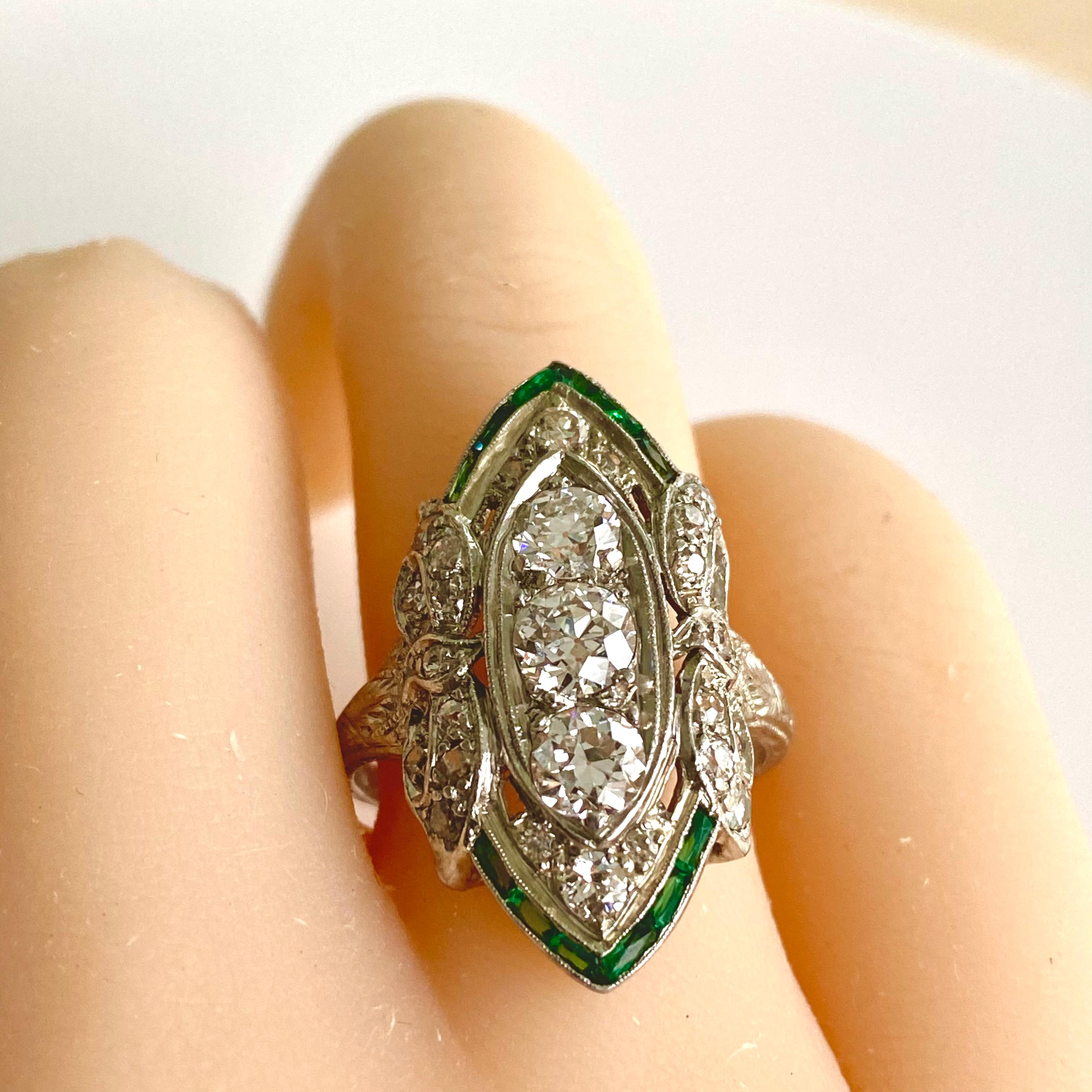 Art Deco Platinum Diamond and Emerald Cocktail Cluster Ring 3