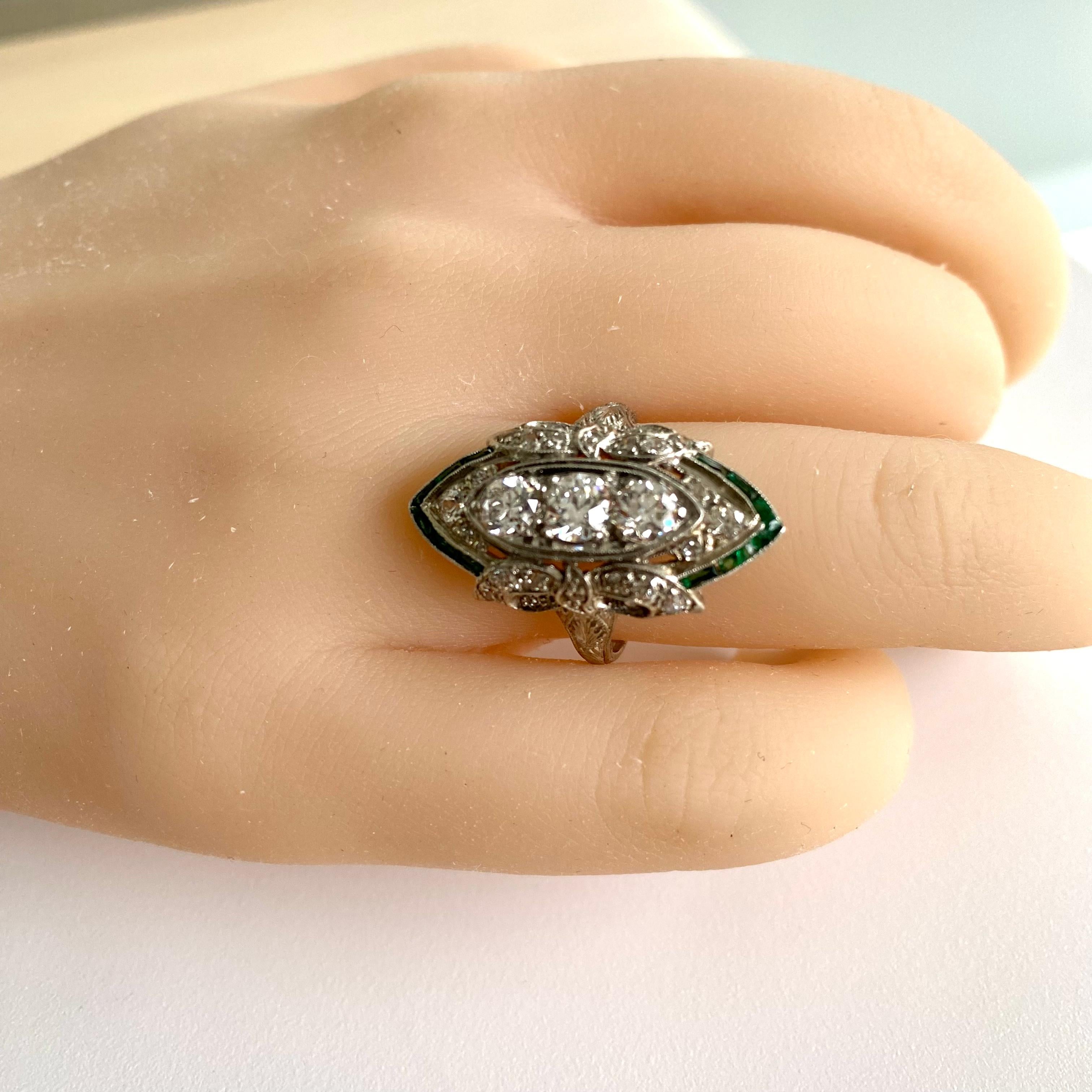 Art Deco Platinum Diamond and Emerald Cocktail Cluster Ring 5