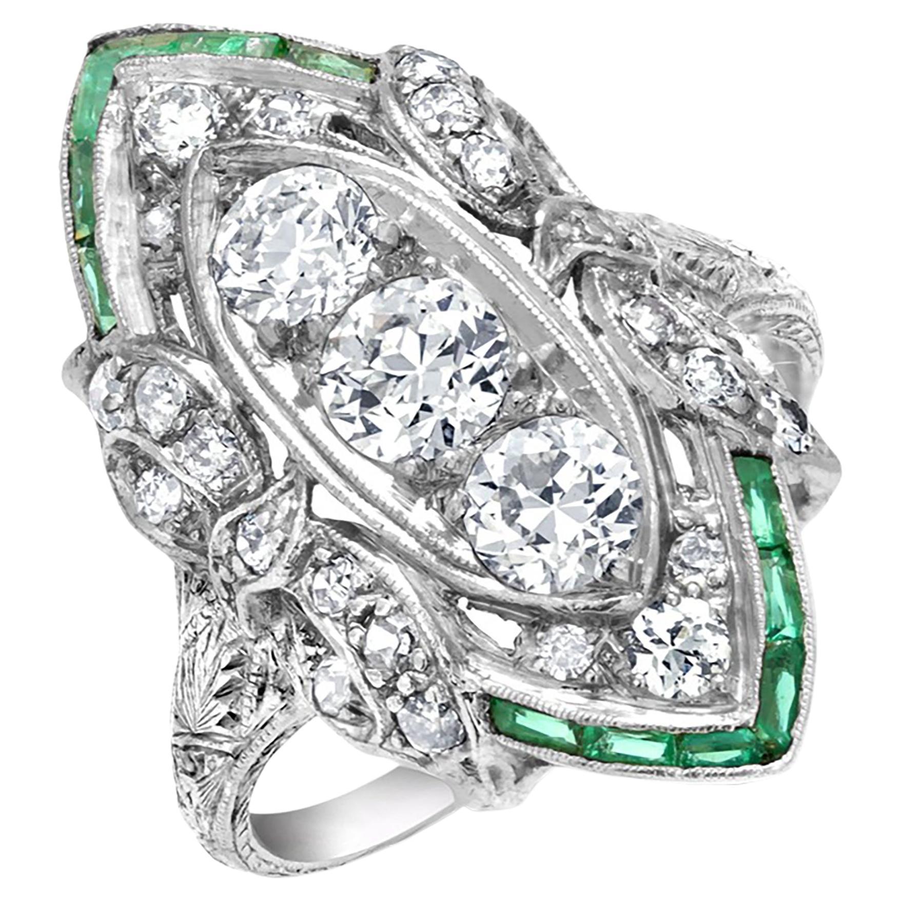 Art Deco Platinum Diamond and Emerald Cocktail Cluster Ring
