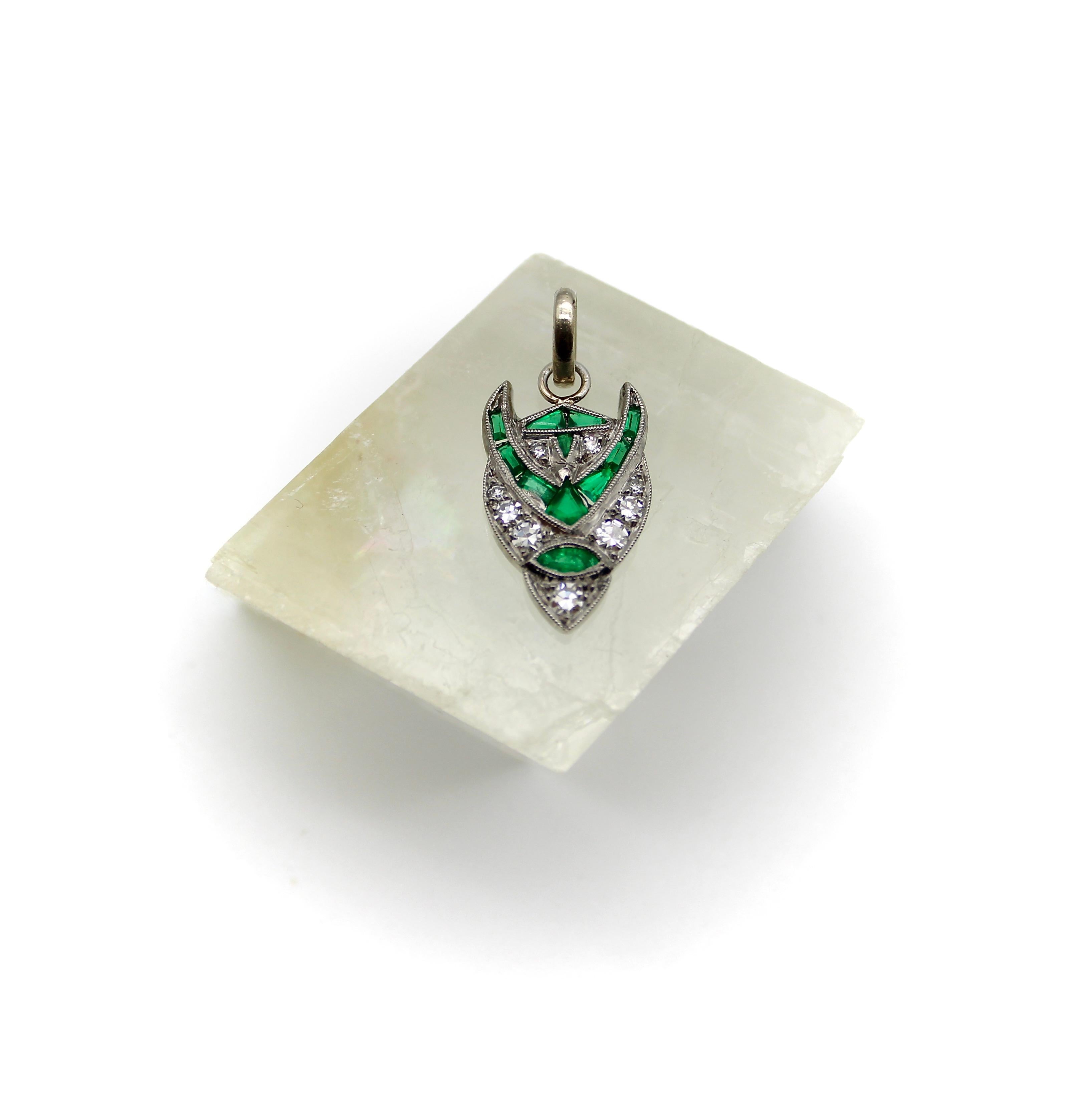 Women's or Men's Art Deco Platinum Diamond and Emerald Devil Pendant  For Sale