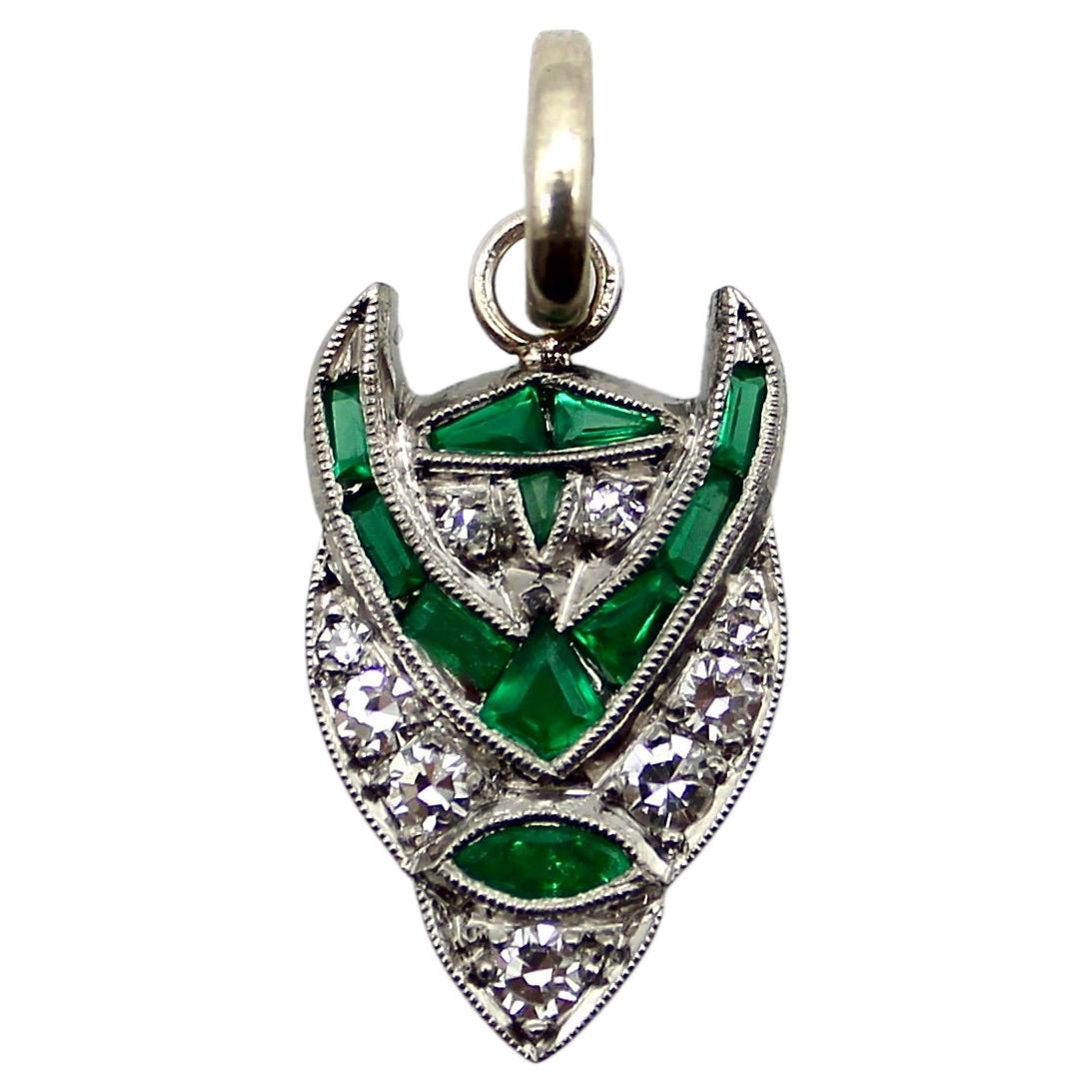 Art Deco Platinum Diamond and Emerald Devil Pendant  For Sale