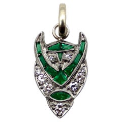 Antique Art Deco Platinum Diamond and Emerald Devil Pendant 