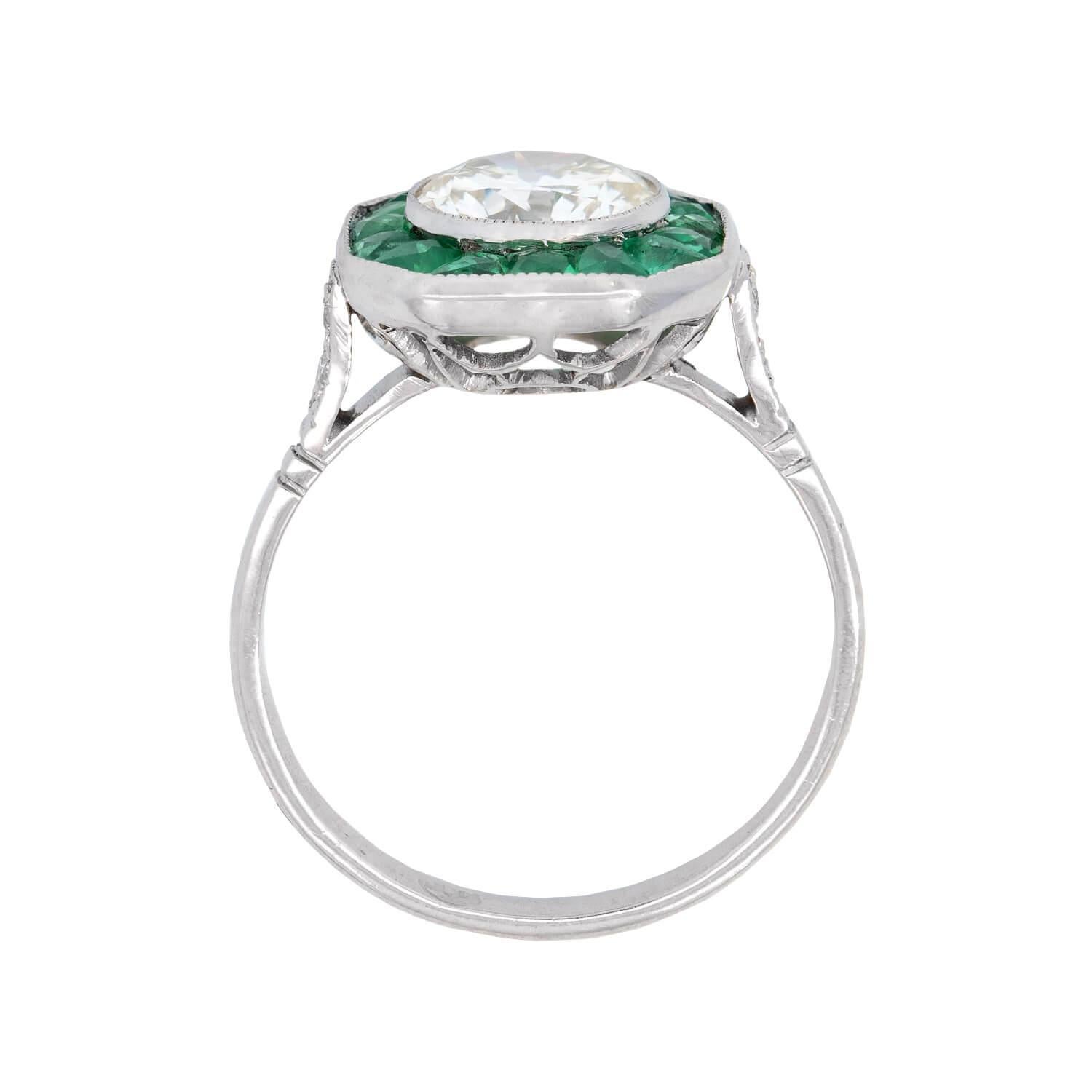 Old European Cut Art Deco Platinum Diamond and Emerald Halo Engagement Ring 1.50ct