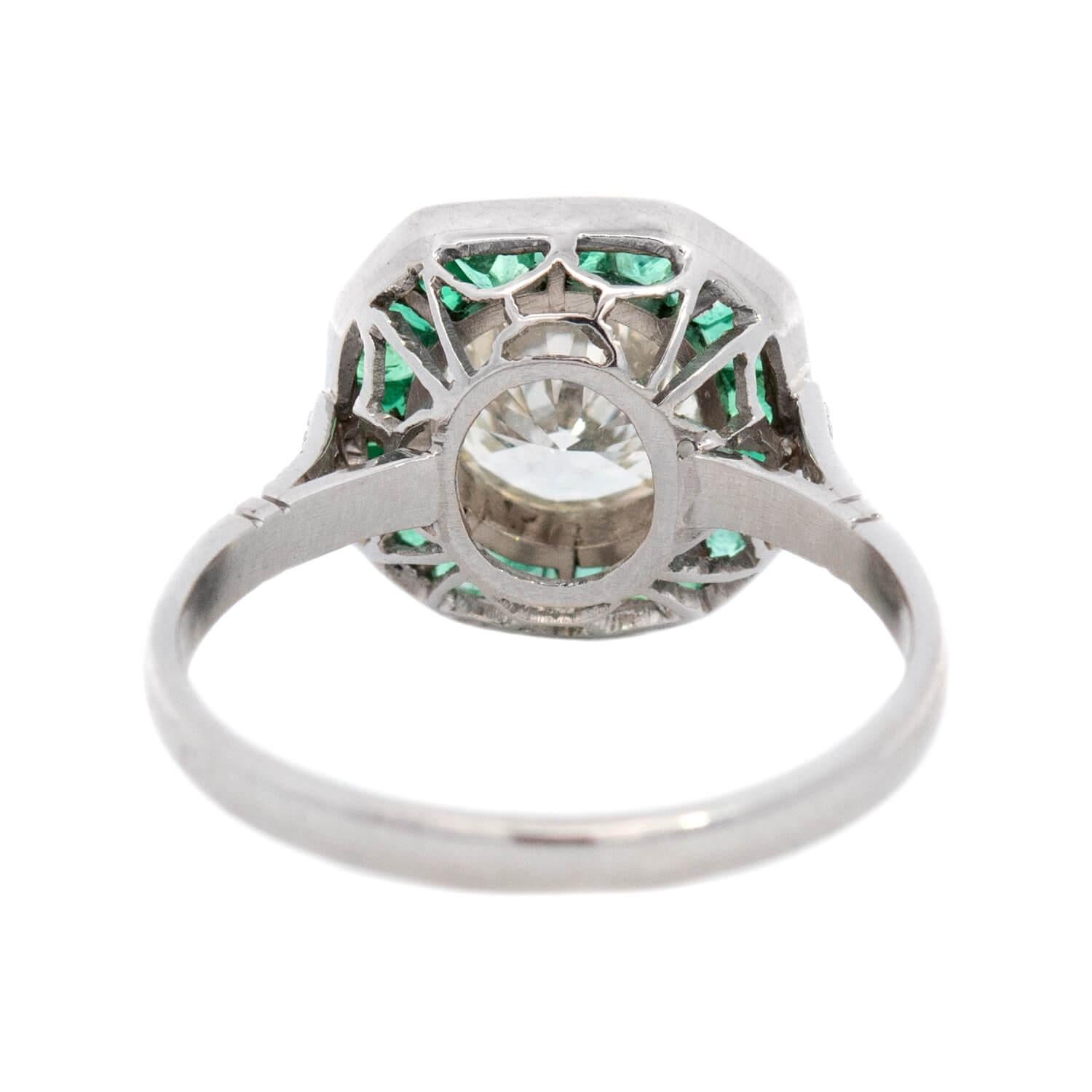 Art Deco Platinum Diamond and Emerald Halo Engagement Ring 1.50ct In Good Condition In Narberth, PA