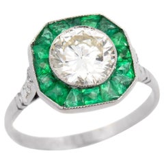 Art Deco Platinum Diamond and Emerald Halo Engagement Ring 1.50ct