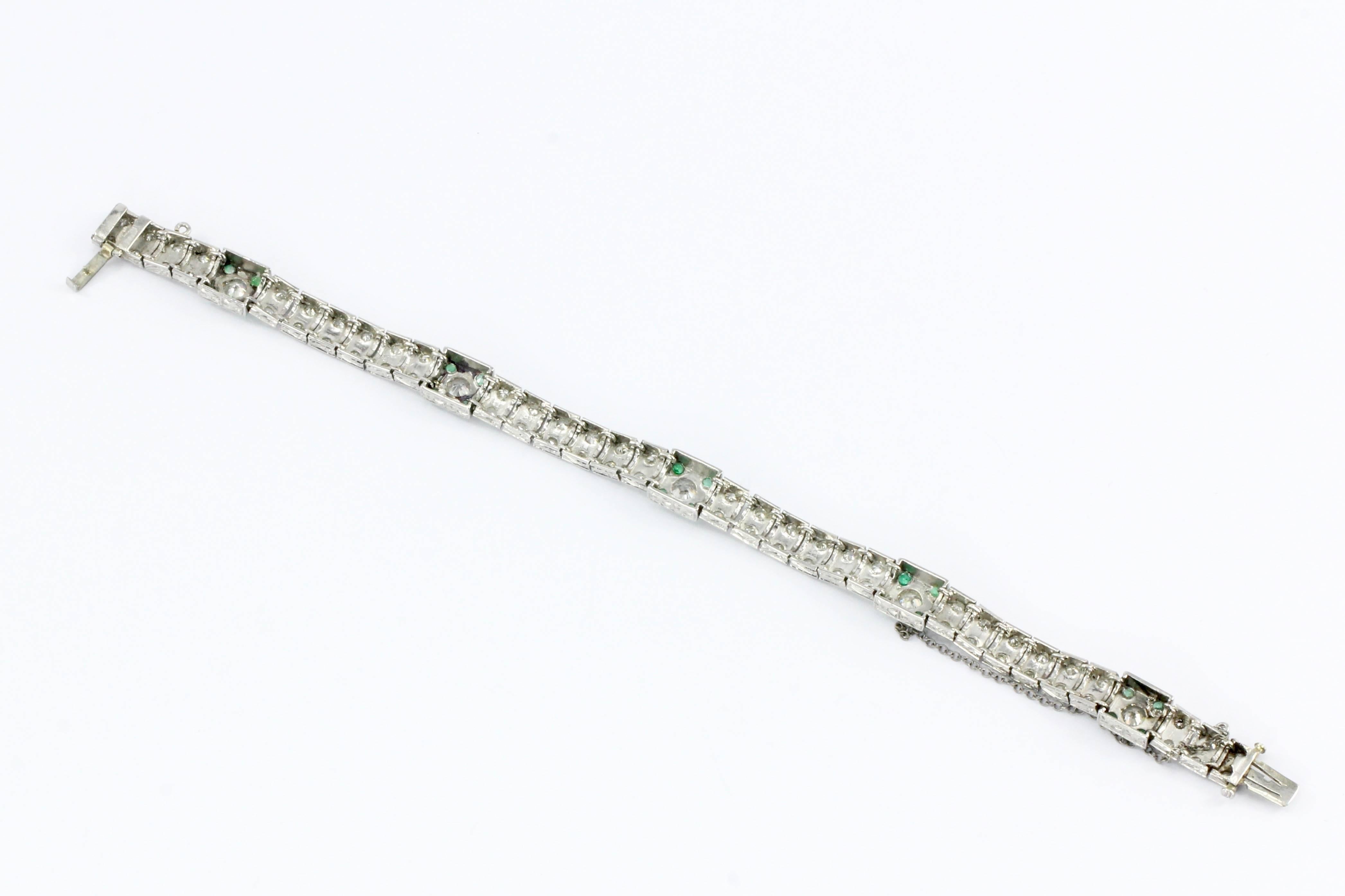 Old European Cut Art Deco Platinum Diamond and Emerald Line Bracelet