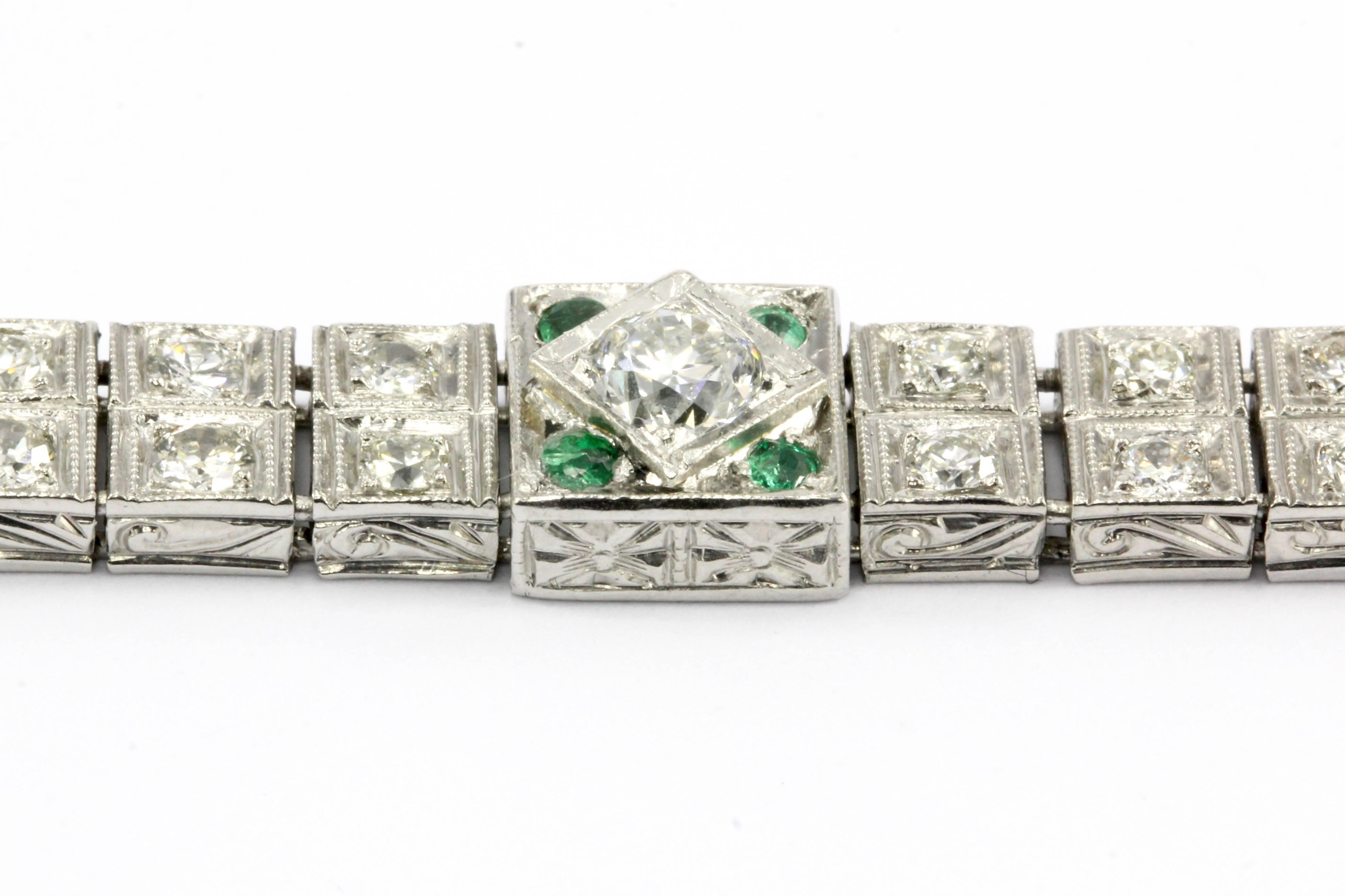 Art Deco Platinum Diamond and Emerald Line Bracelet In Excellent Condition In Cape May, NJ