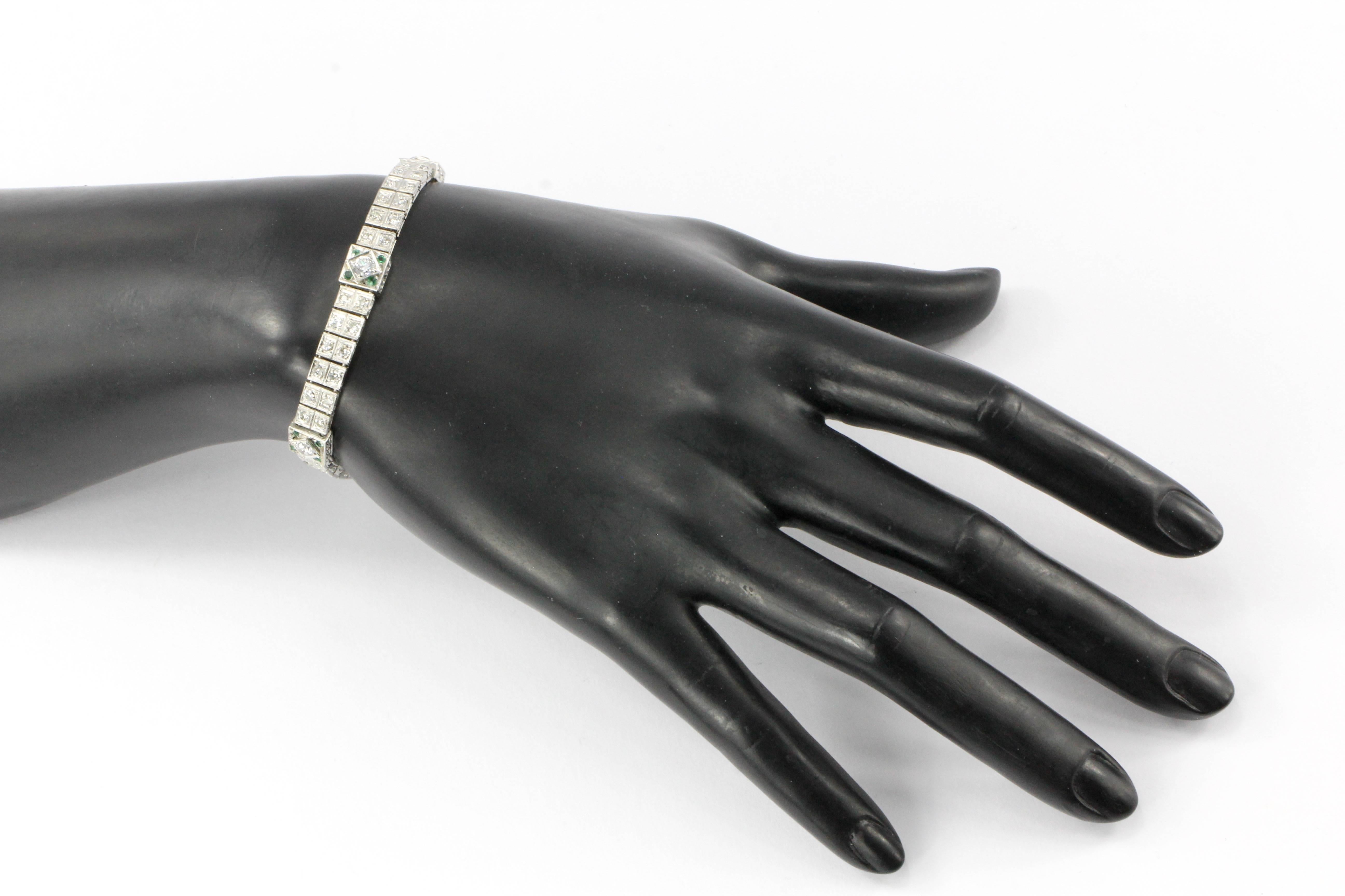 Women's Art Deco Platinum Diamond and Emerald Line Bracelet