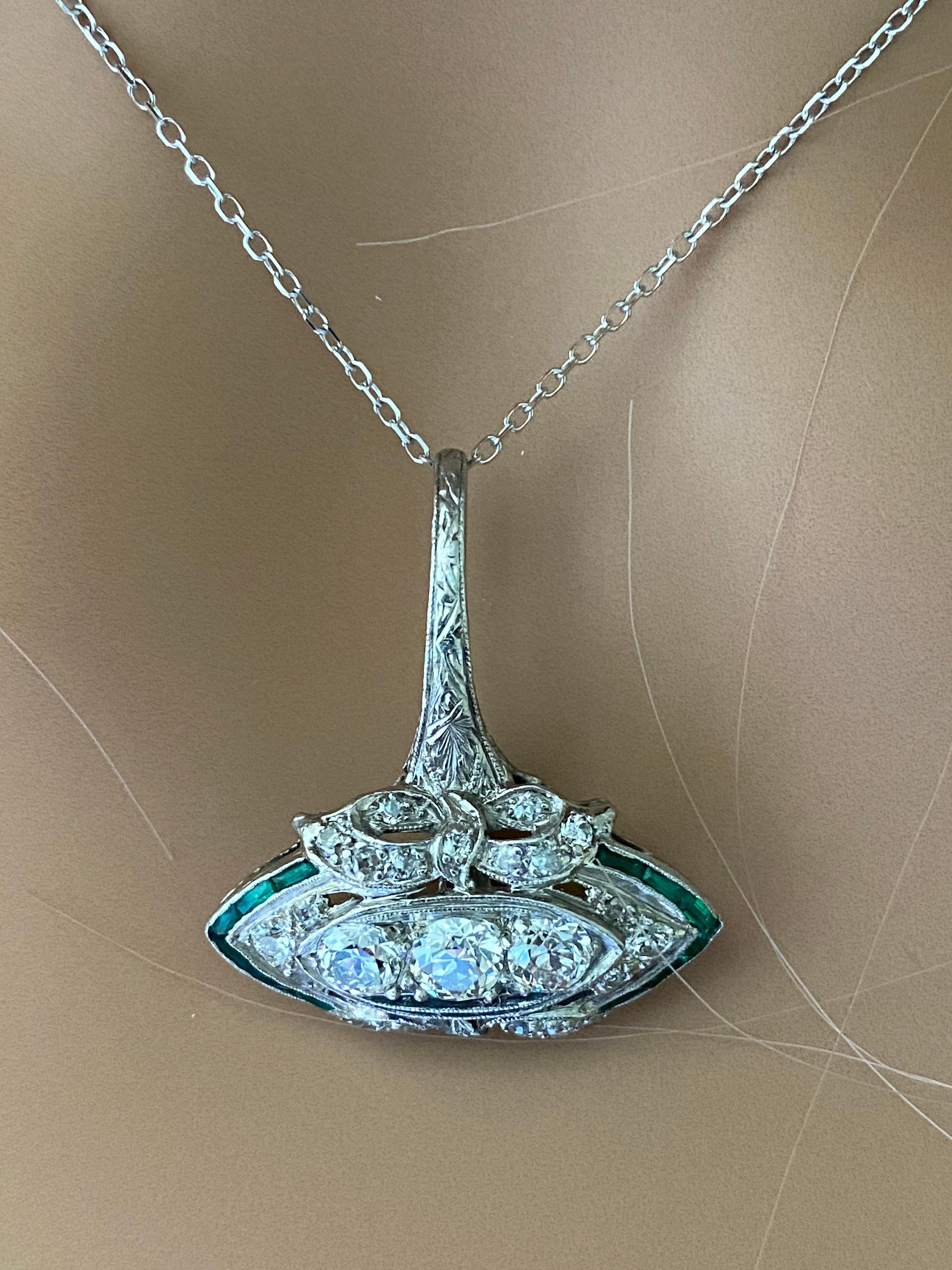 Art Deco Platinum Diamond and Emerald Pendant Necklace 6