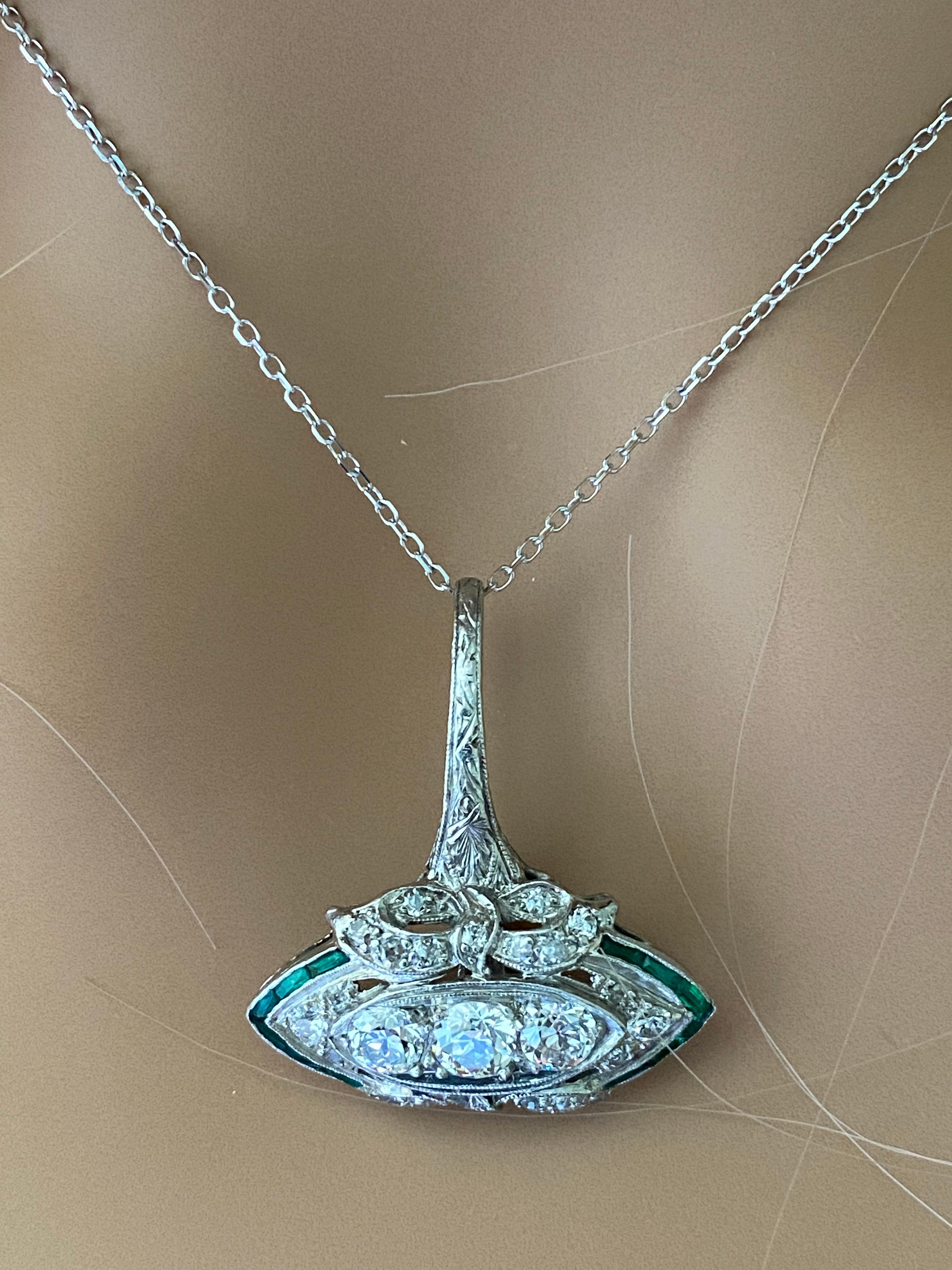 Old European Cut Art Deco Platinum Diamond and Emerald Pendant Necklace