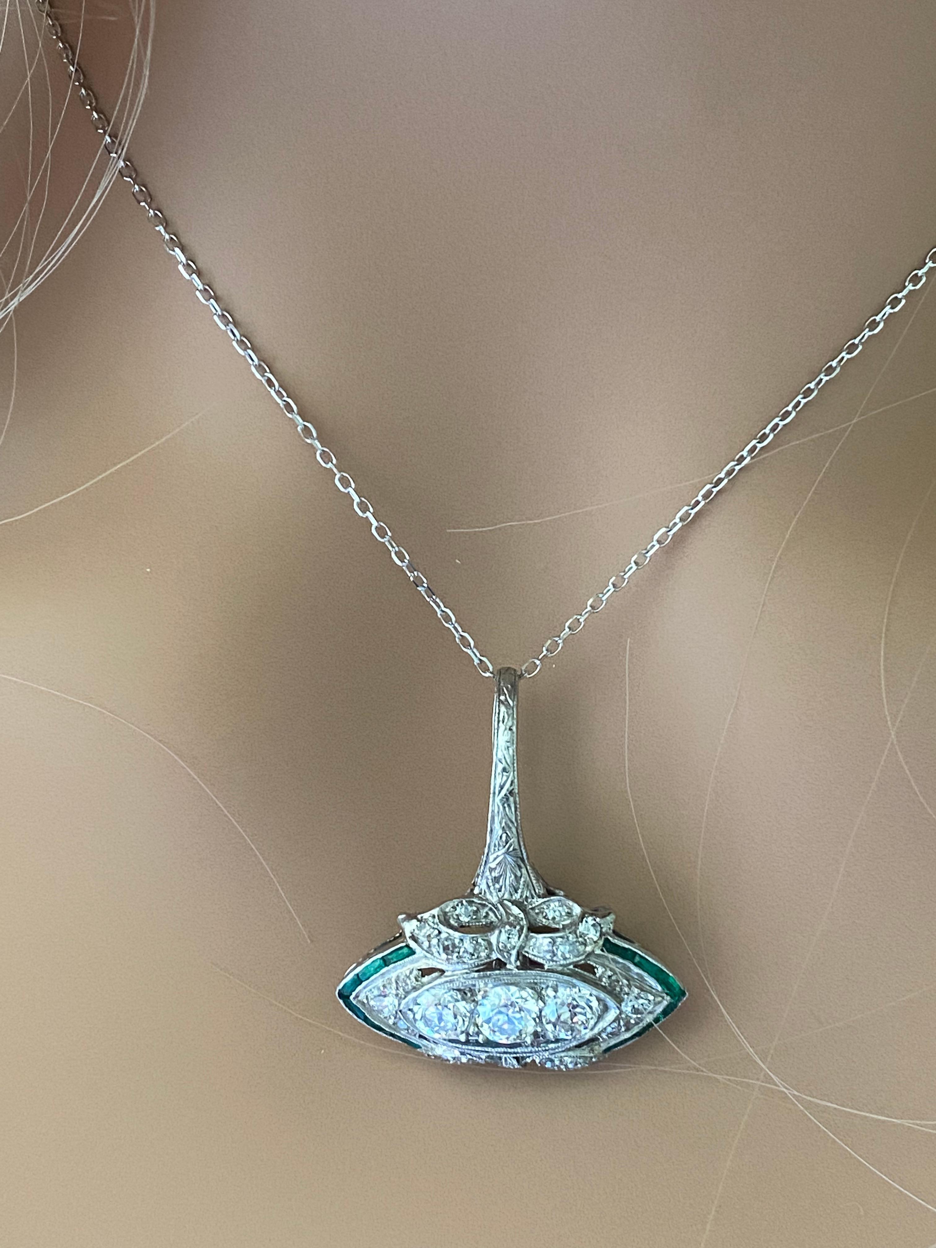 Art Deco Platinum Diamond and Emerald Pendant Necklace 1