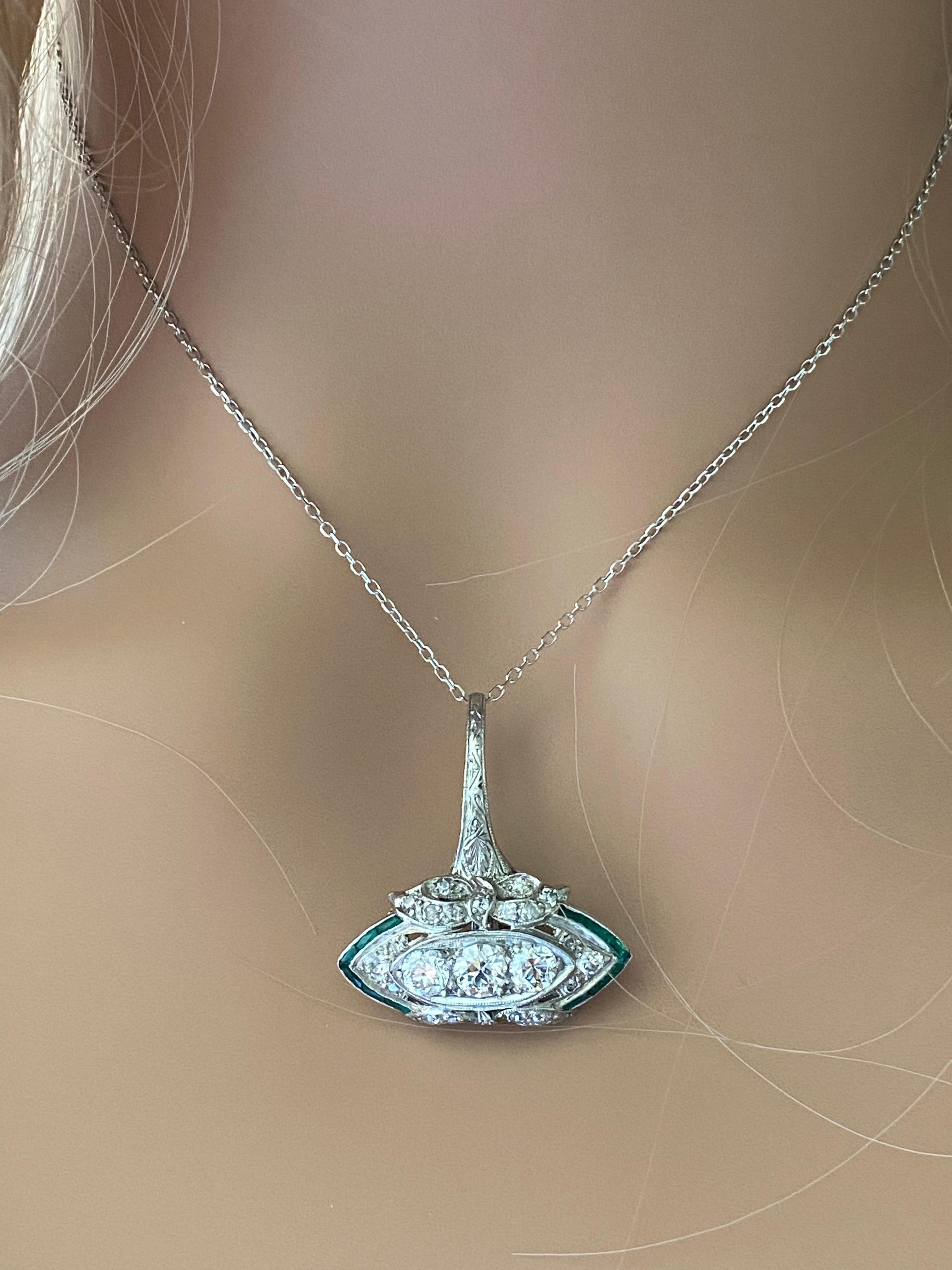 Art Deco Platinum Diamond and Emerald Pendant Necklace 2