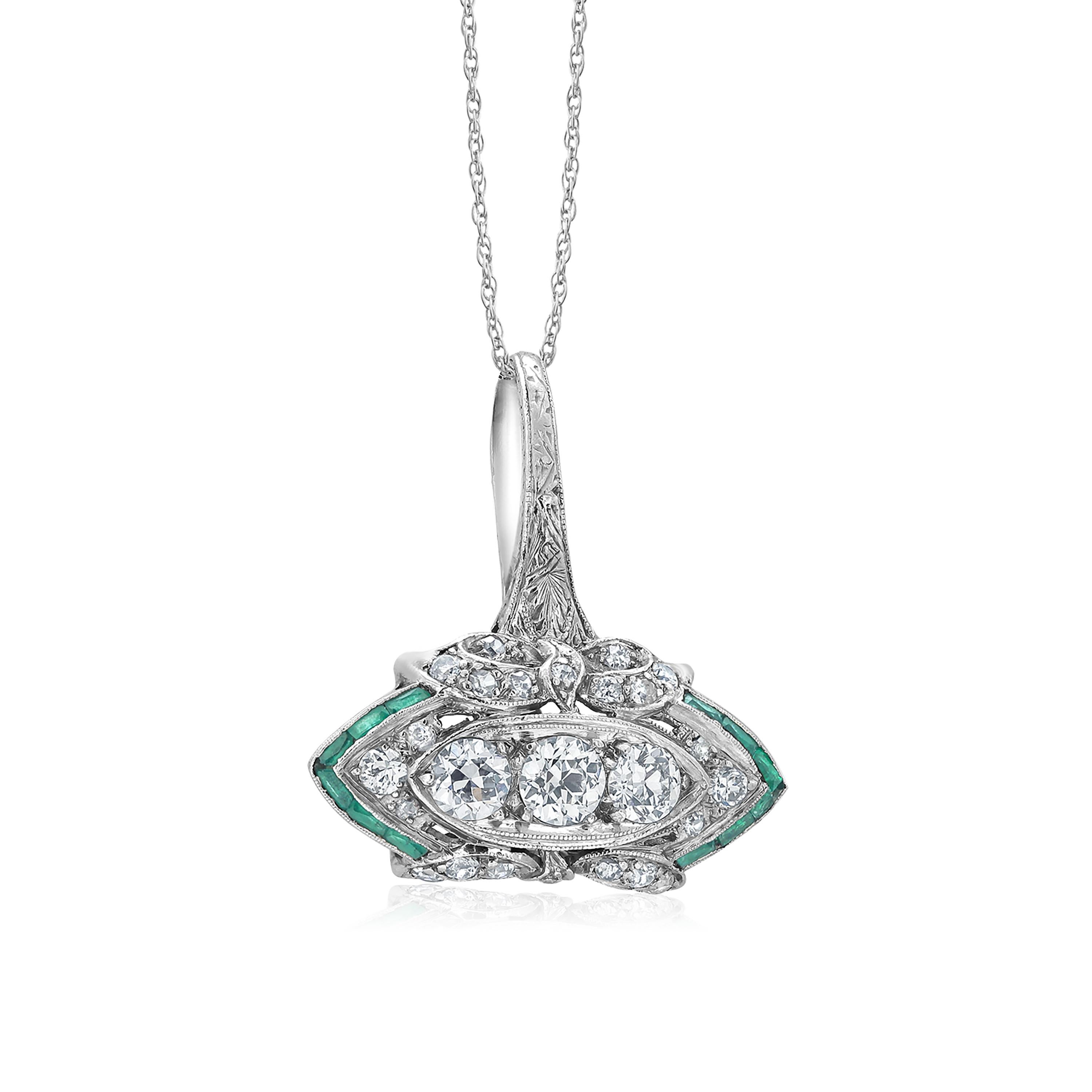 Art Deco Platinum Diamond and Emerald Pendant Necklace 3