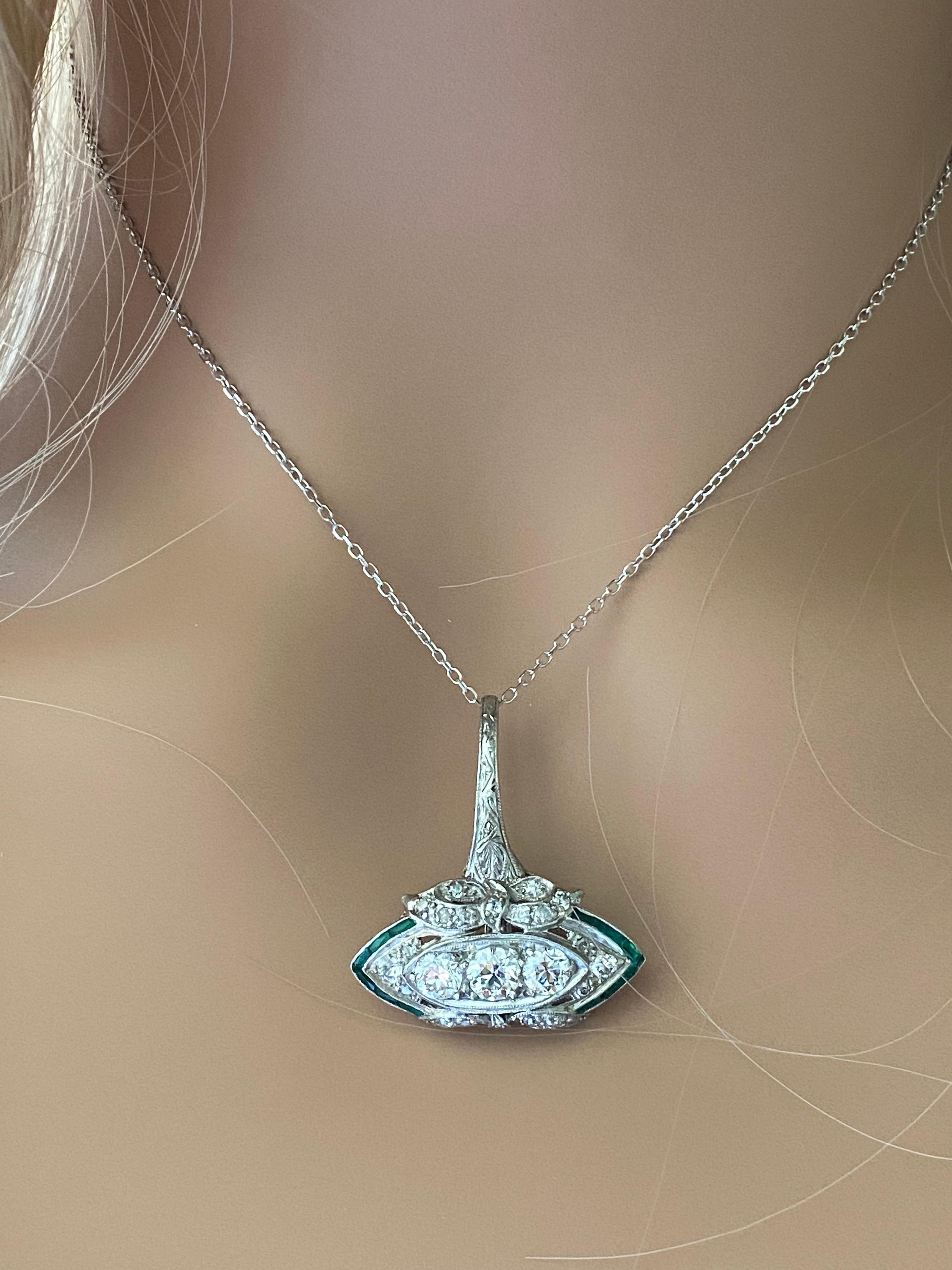 Art Deco Platinum Diamond and Emerald Pendant Necklace 4