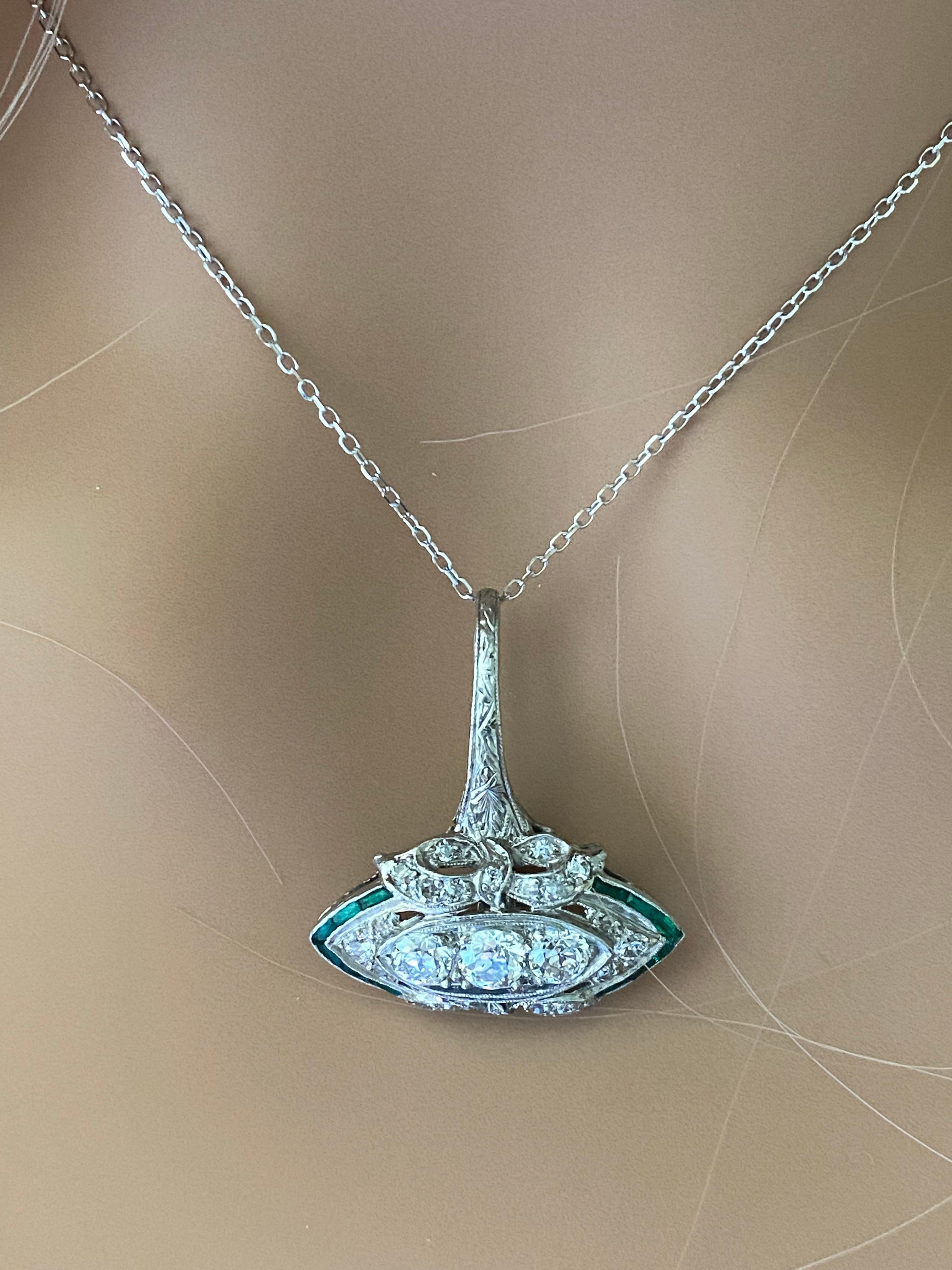 Art Deco Platinum Diamond and Emerald Pendant Necklace 5