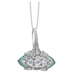 Art Deco Platinum Diamond and Emerald Pendant Necklace