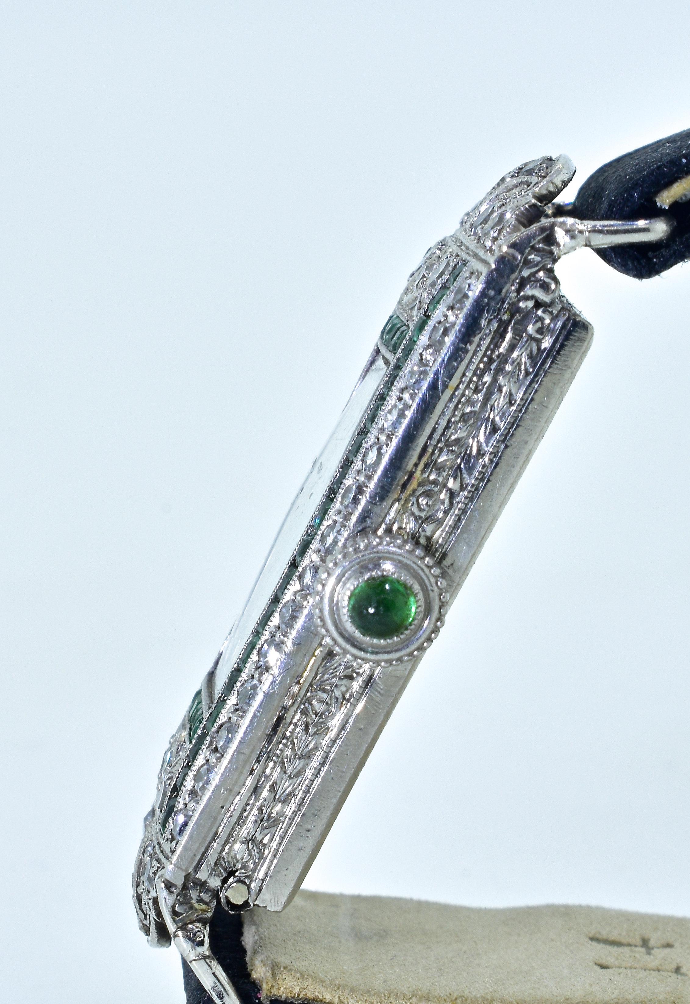 Art Deco Platinum, Diamond and Emerald Wristwatch, circa 1920 In Good Condition In Aspen, CO